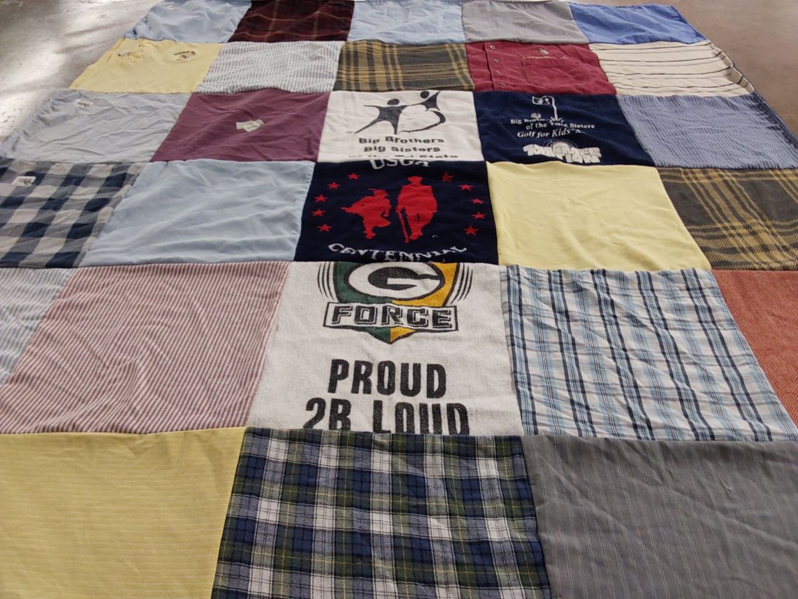 T-shirt quilt with volunteering, sports themes by Tricia from NC
