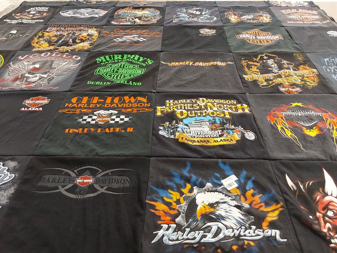 T-shirt quilt with motorcycles, biking themes by Laura from TX