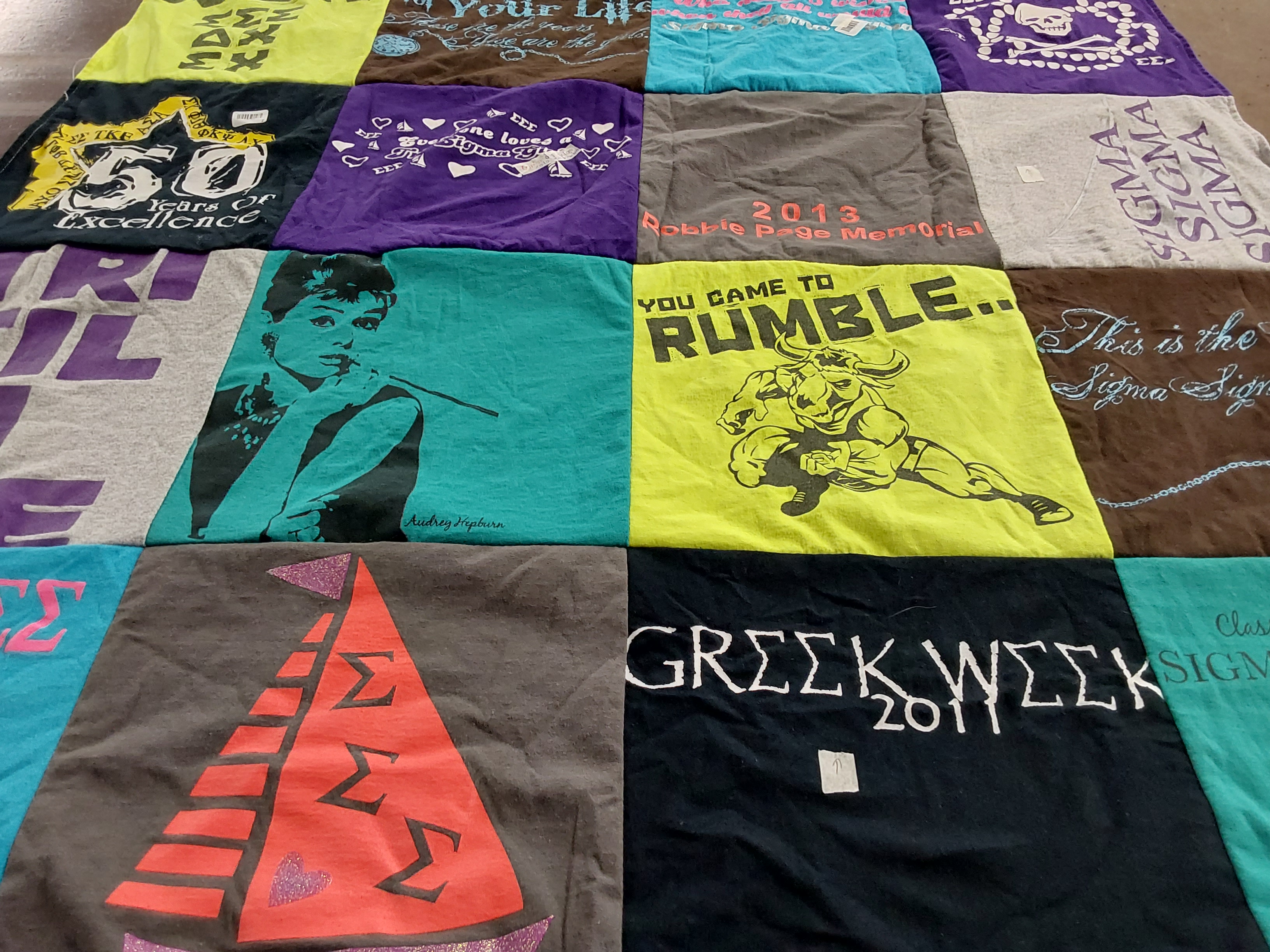 T-shirt quilt with greek life, sororities themes by Lisa from SD