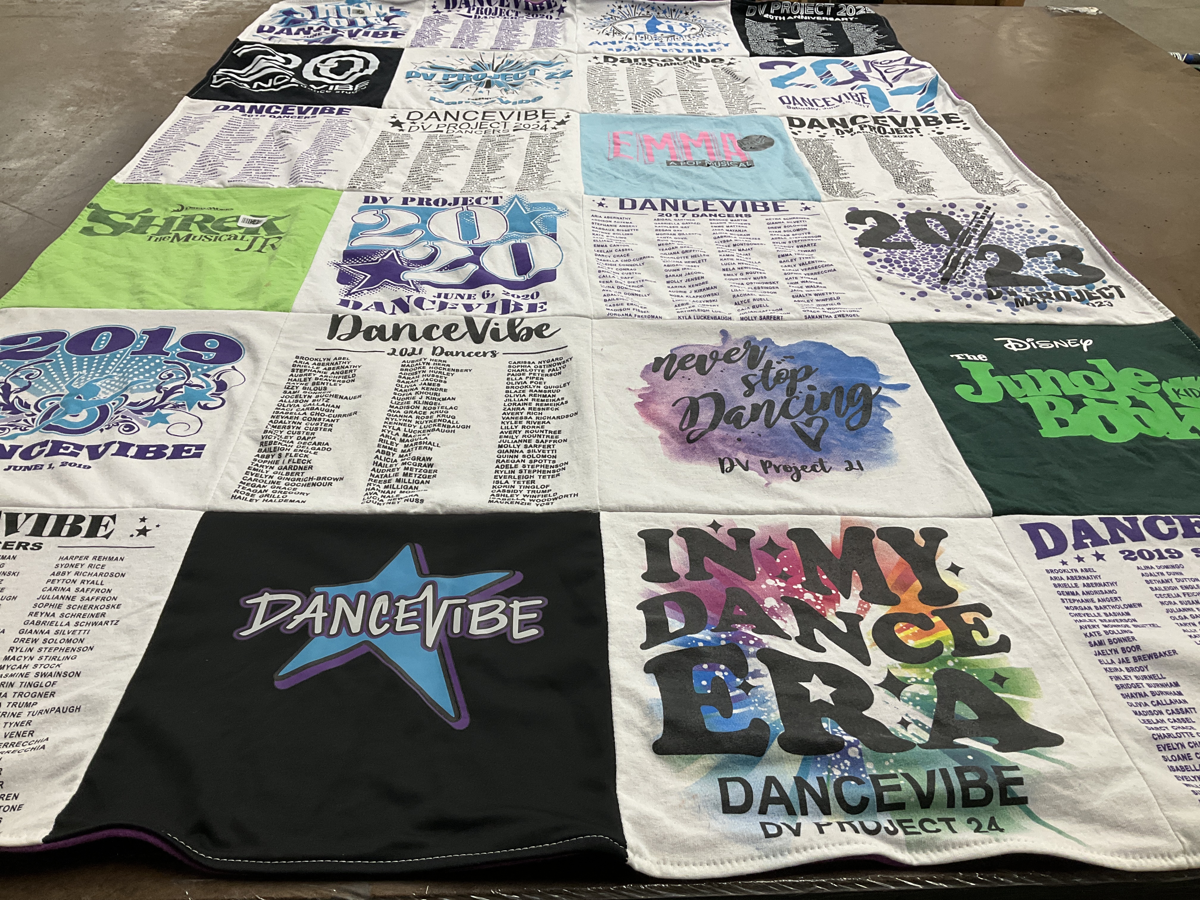 T-shirt quilt with dance, musical theatre themes by Megan from PA