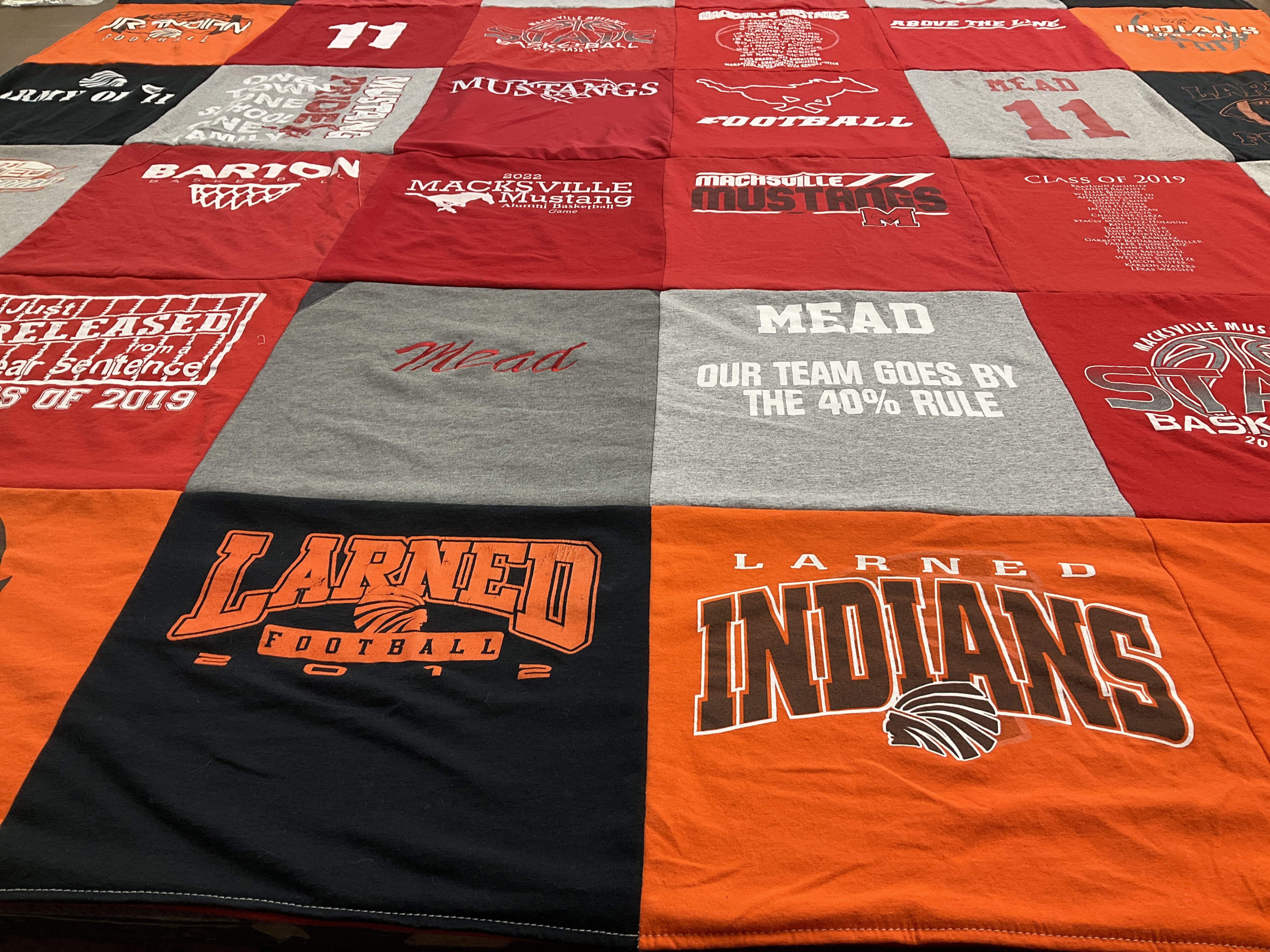 T-shirt quilt featuring macksville mustangs, larned indians by Melissa from KS