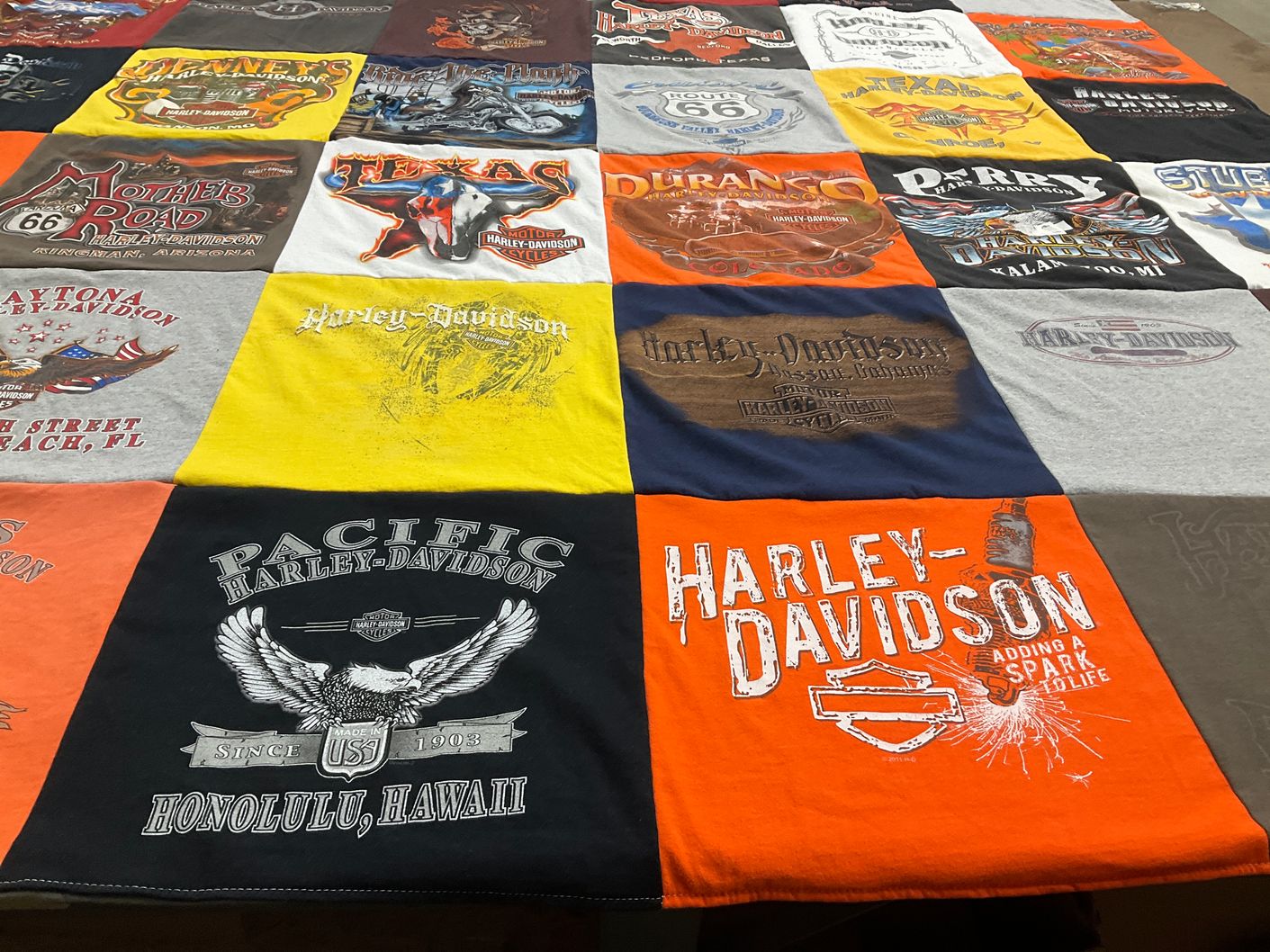 T-shirt quilt with motorcycles, travel themes by Laura from TX