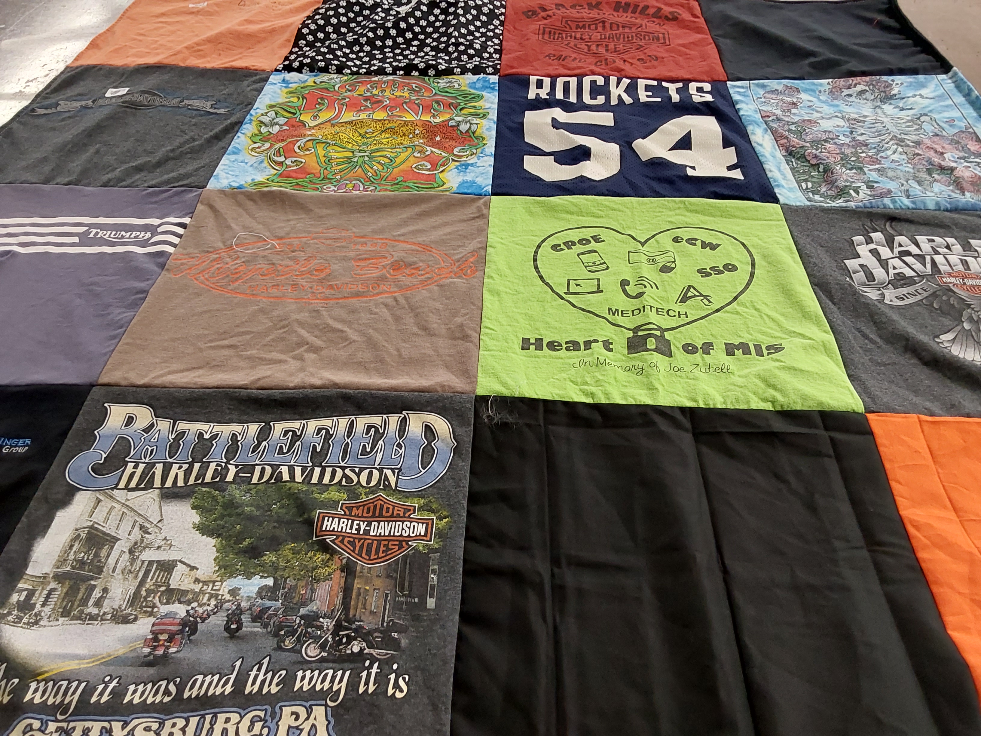 T-shirt quilt with motorcycles, biking themes by Melody from PA