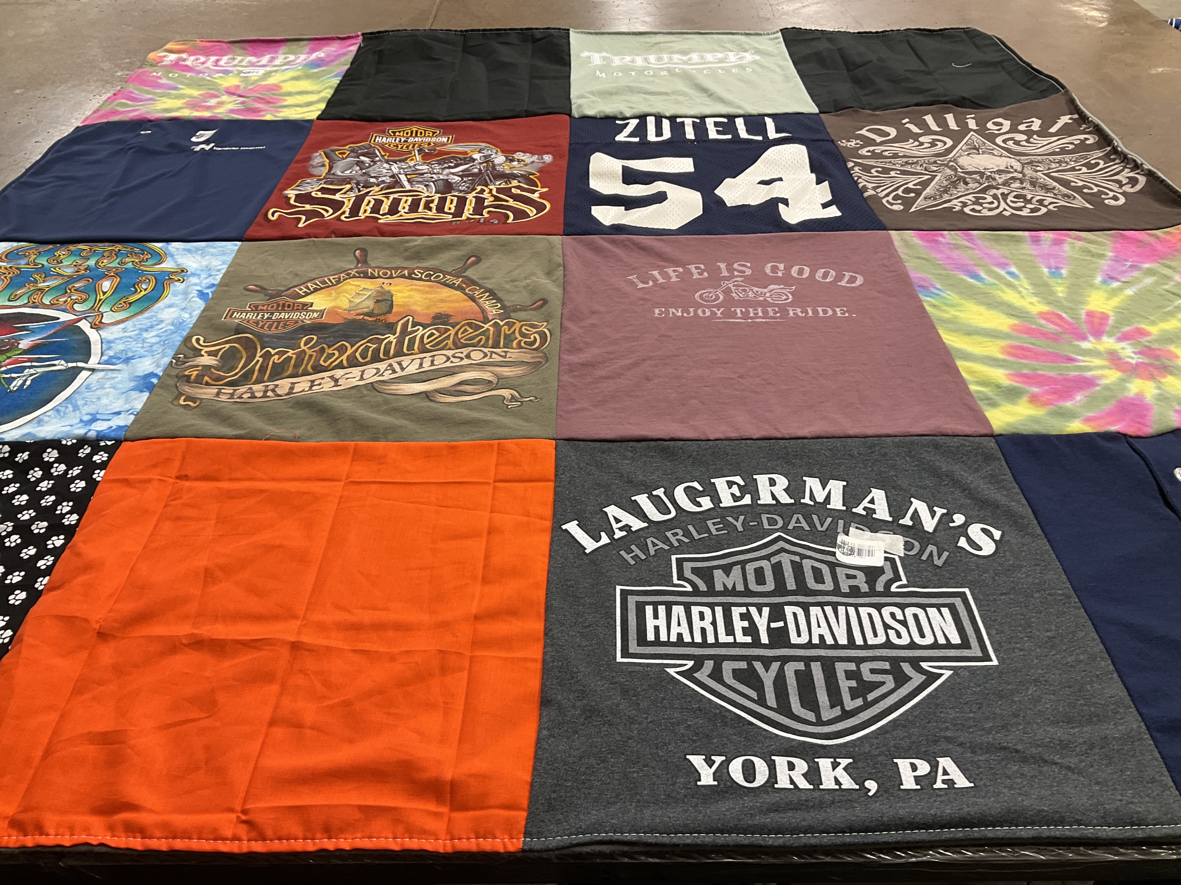 T-shirt quilt with motorcycles, biking themes by Melody from PA