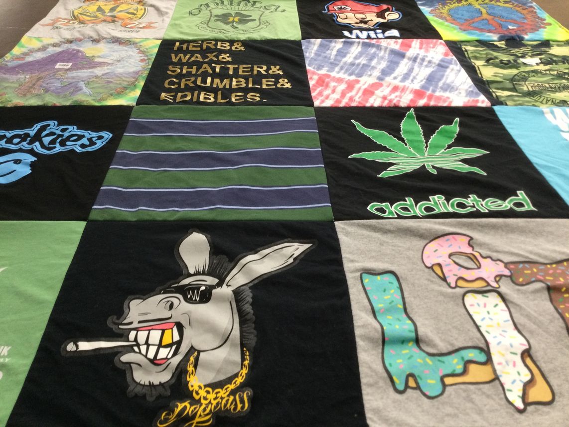 T-shirt quilt with cannabis, art themes by Heather from NV