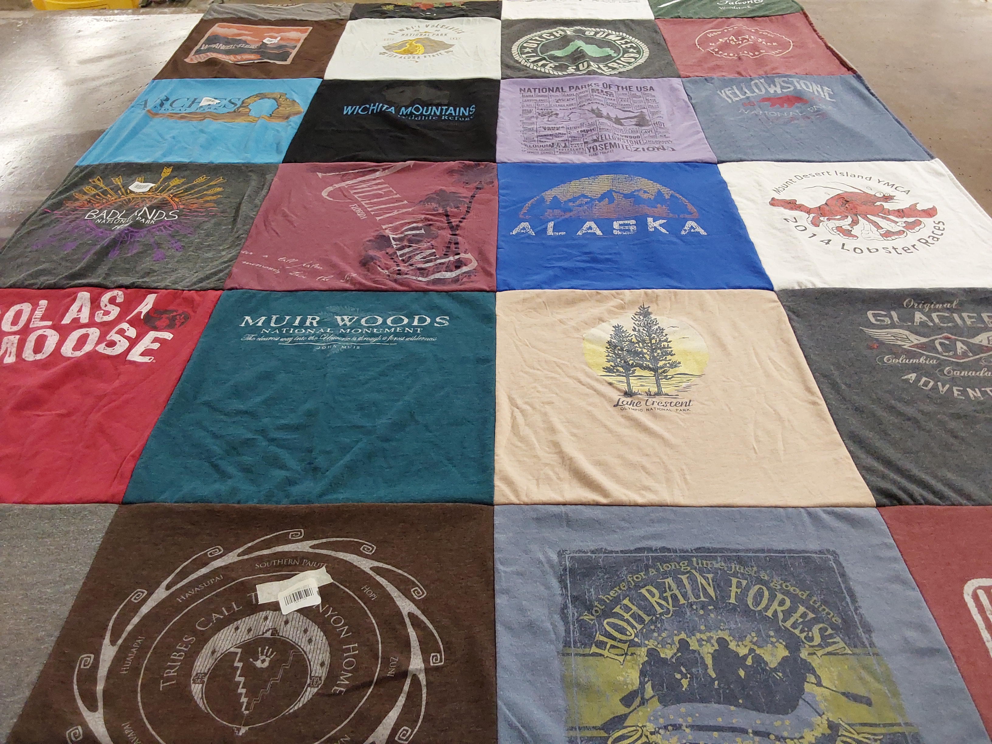 T-shirt quilt with national parks, outdoors themes by Ellen from VA