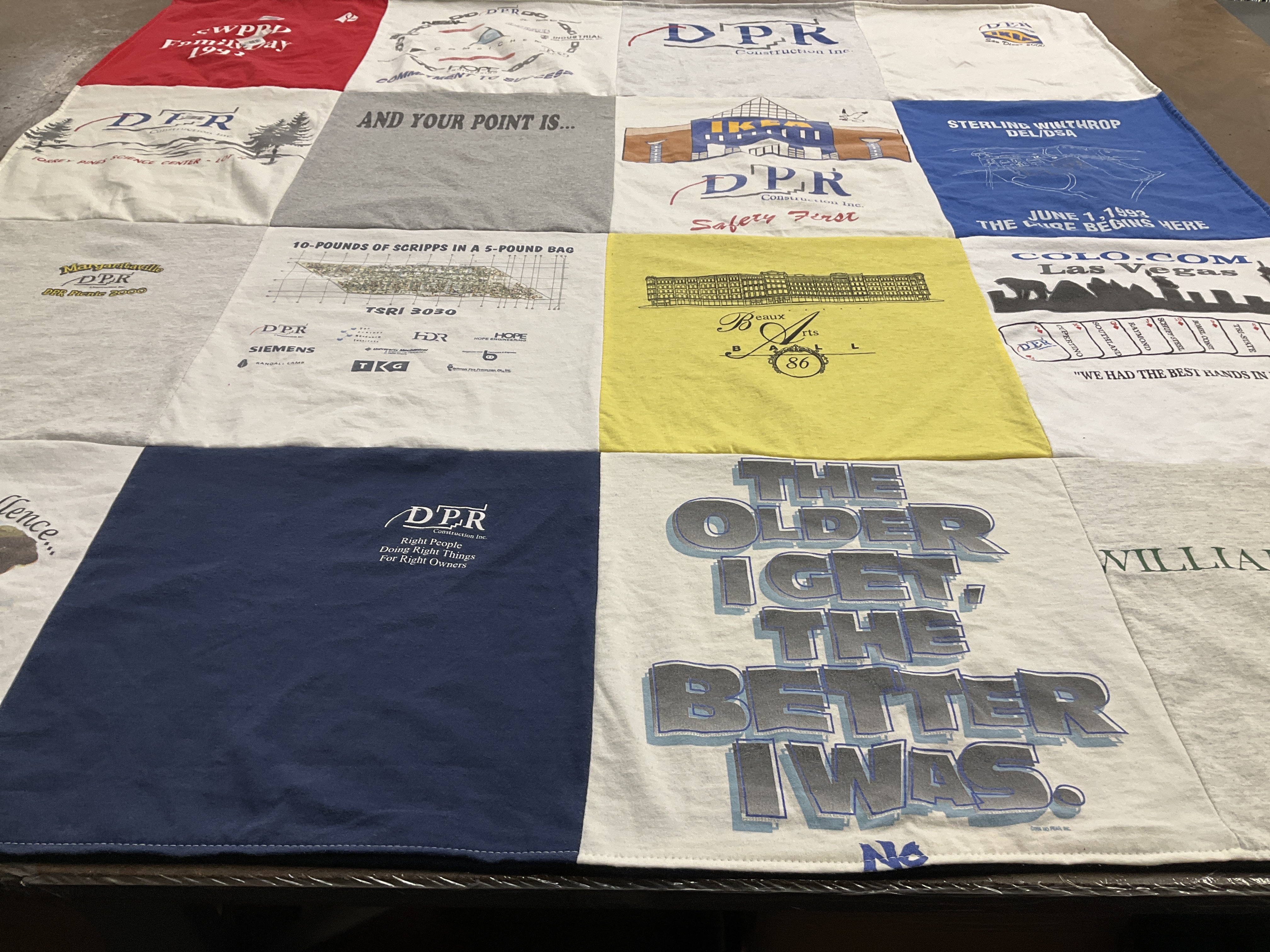 T-shirt quilt with construction, safety themes by Kristie from CA