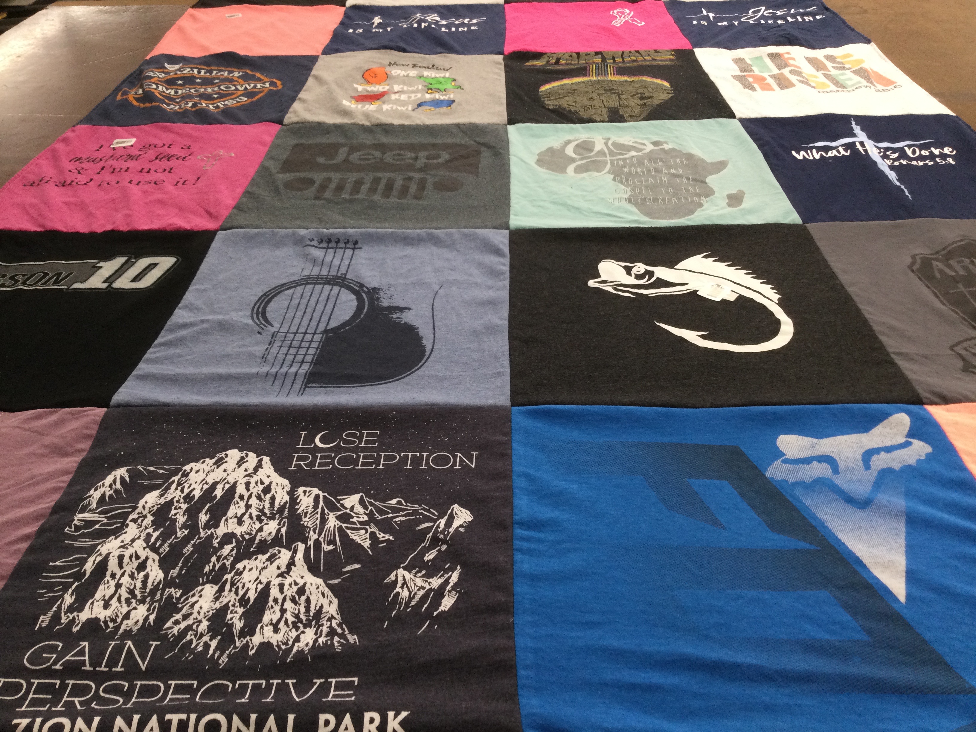 T-shirt quilt with outdoors, music themes by Amy from AL