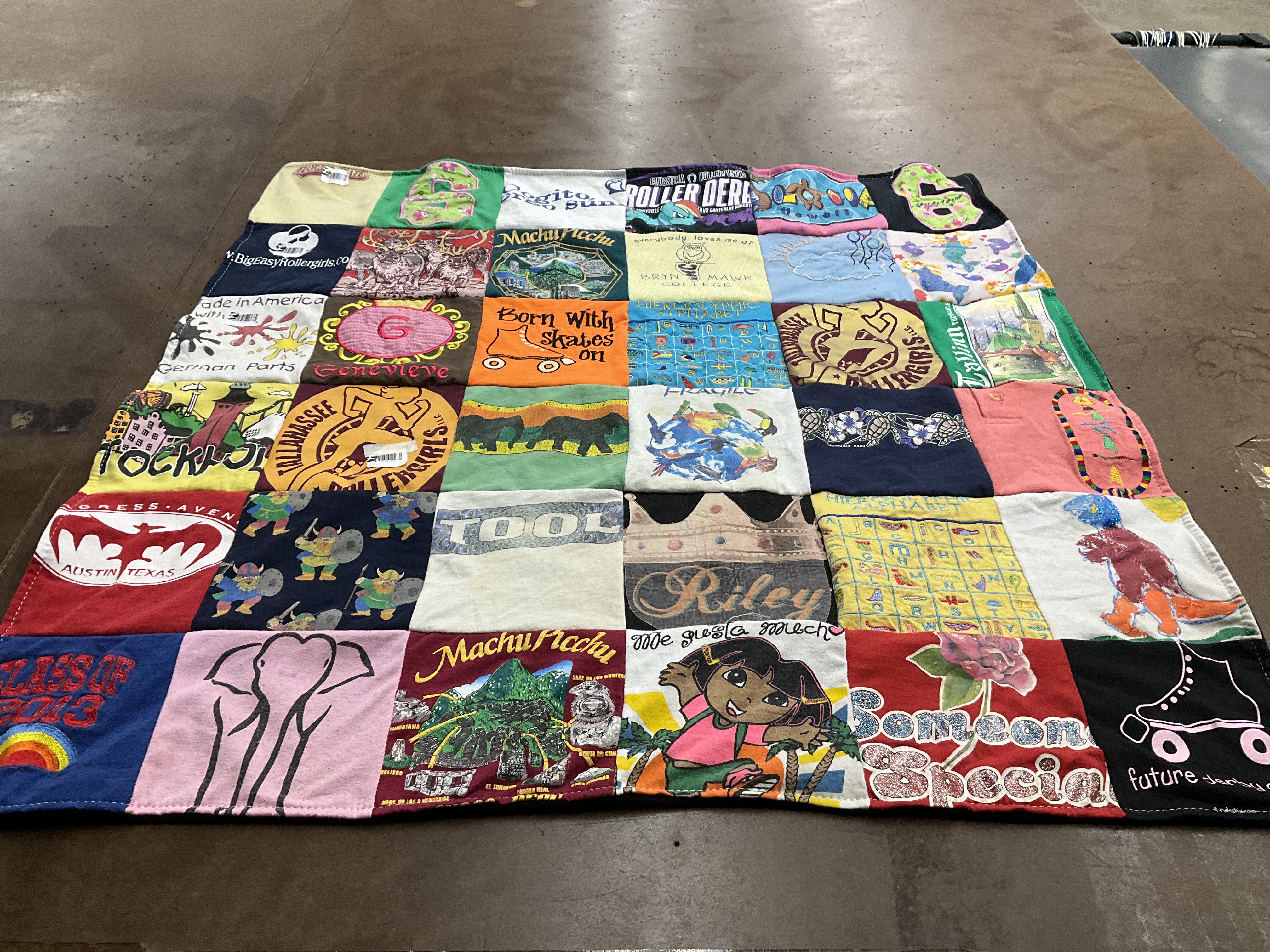 T-shirt quilt with roller derby, skateboarding themes by Erika from FL