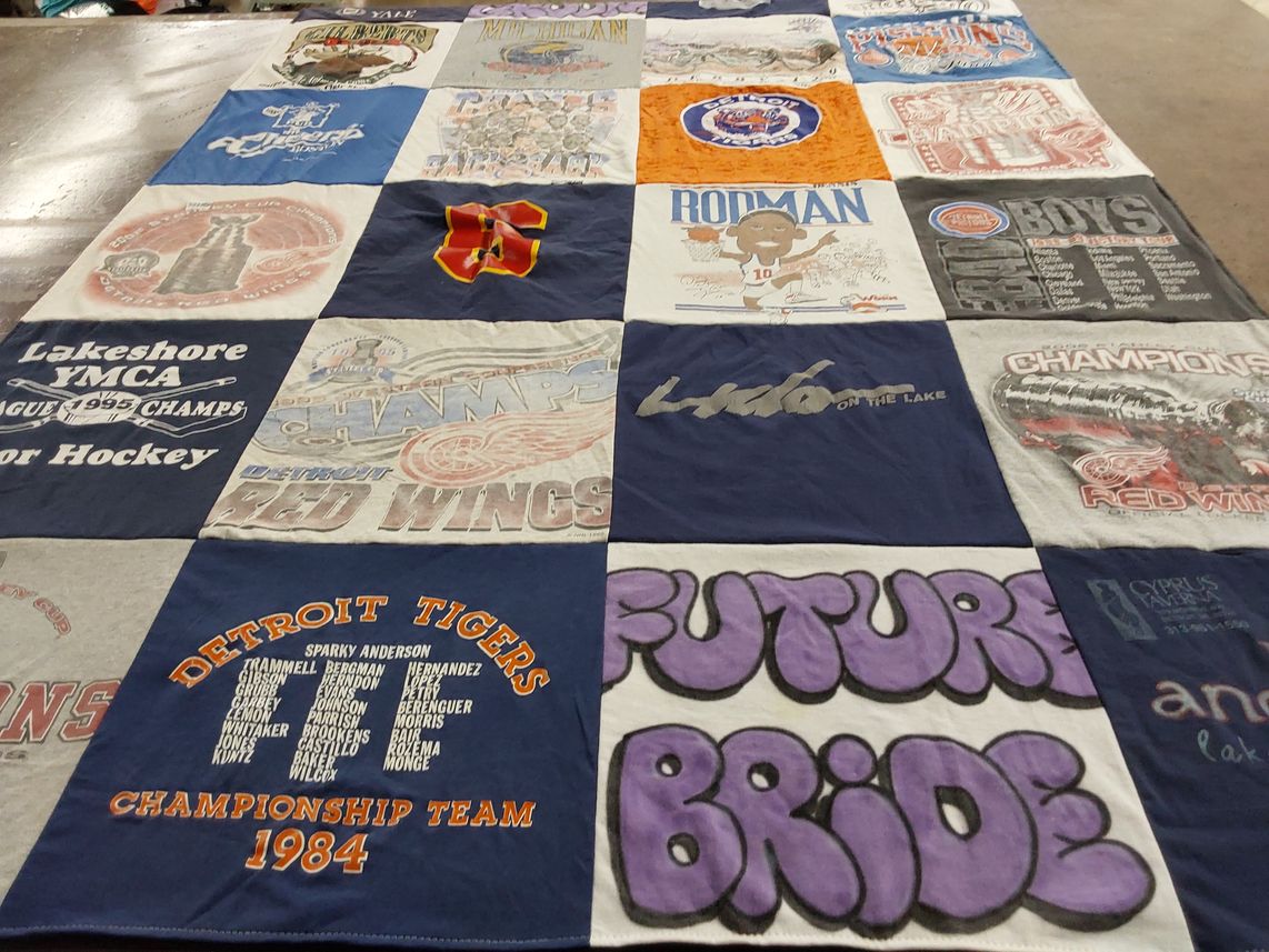 T-shirt quilt featuring detroit tigers, detroit red wings by Victoria from MI