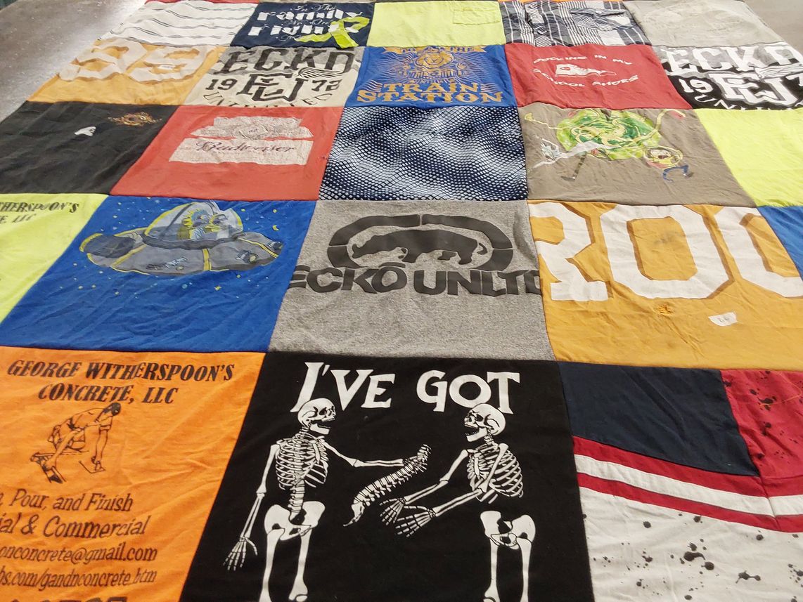 T-shirt quilt with construction, drinking themes by Marianne from TN