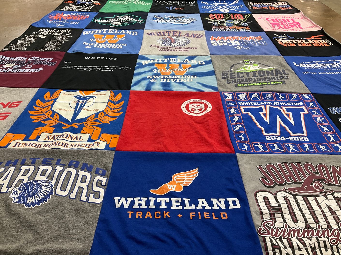 T-shirt quilt featuring whiteland warriors, whiteland swimming and diving by Marcie from IN