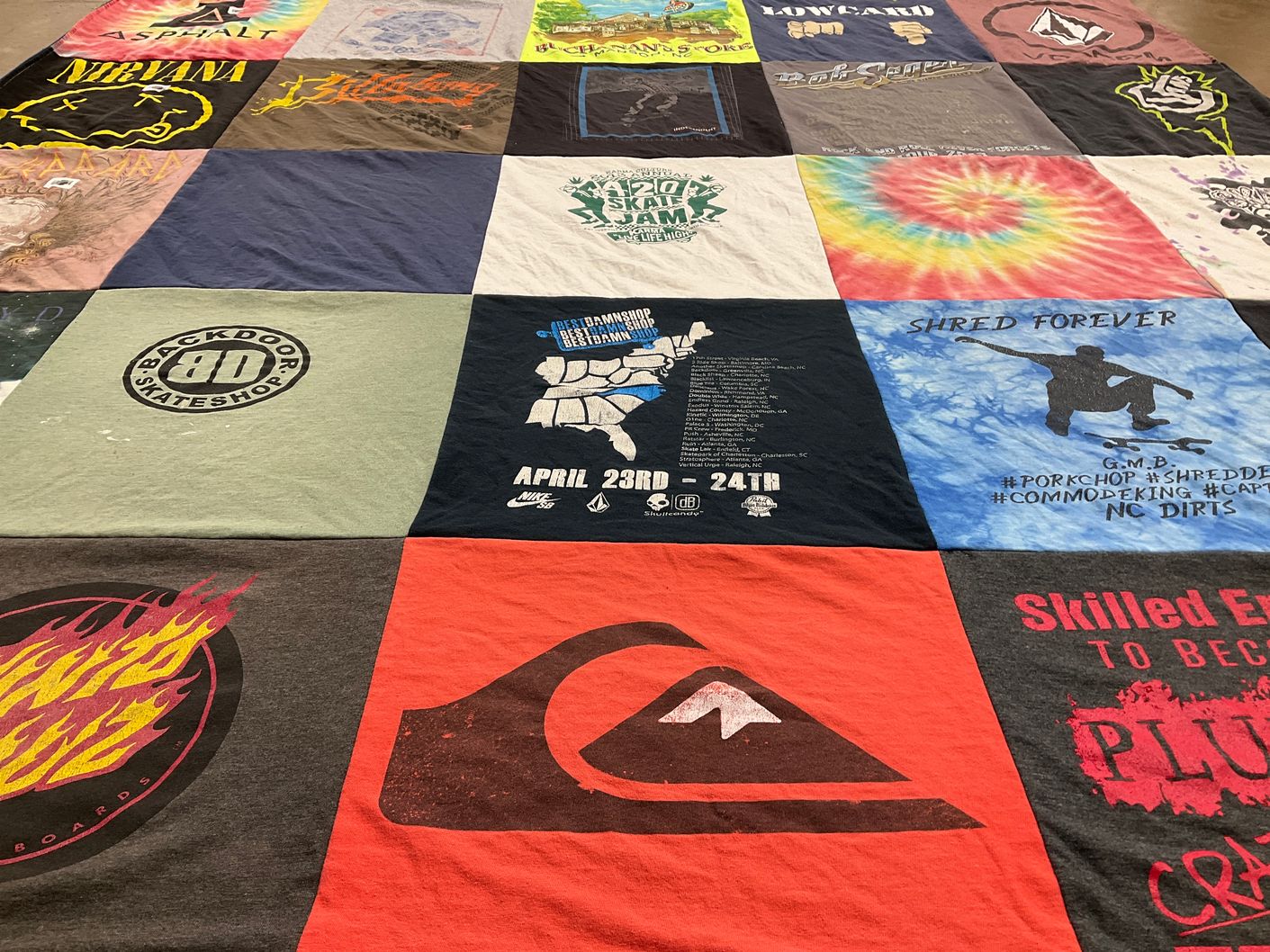 T-shirt quilt with skateboarding, music themes by Theresa from NC