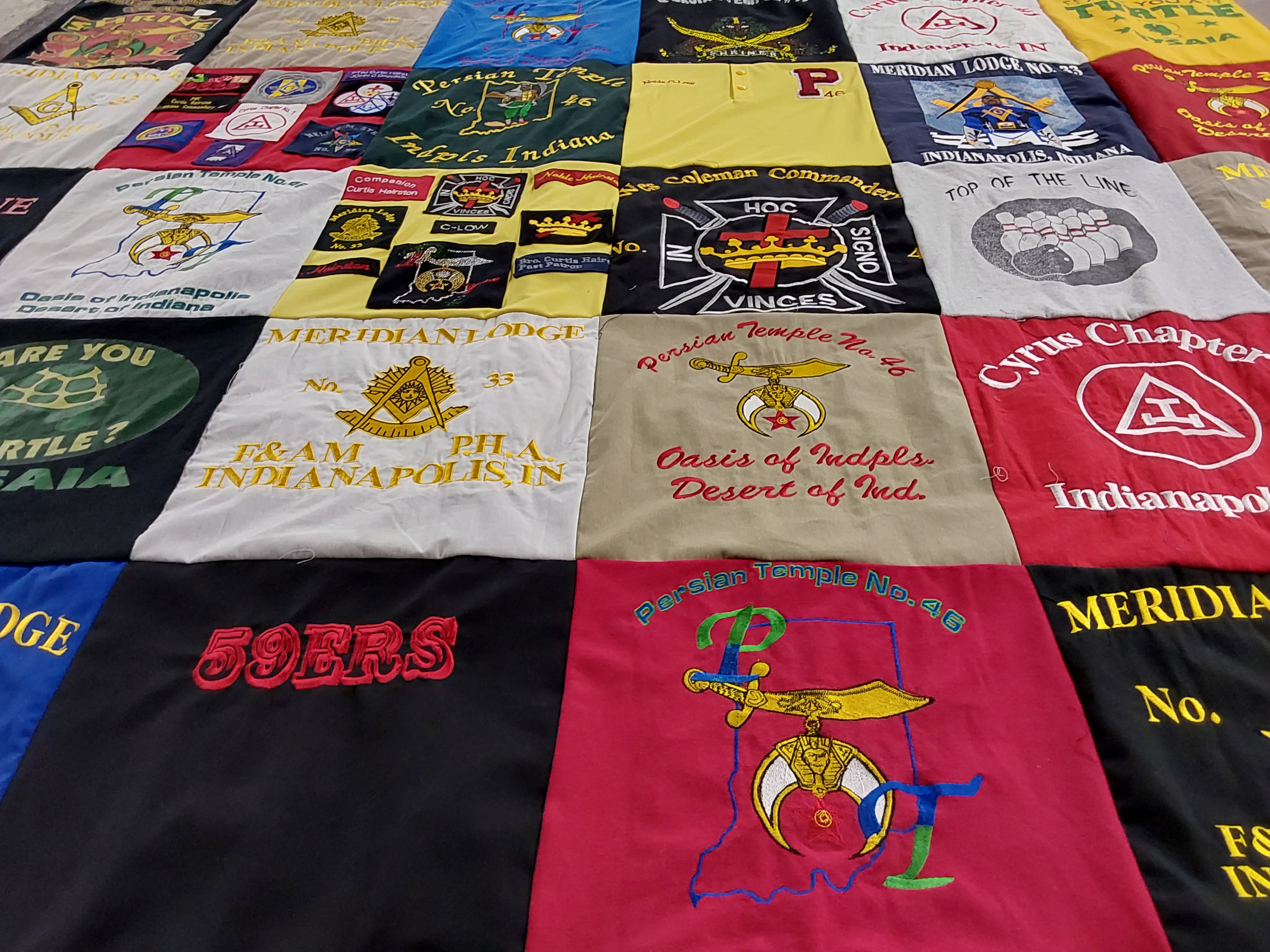 T-shirt quilt with freemasonry, community service themes by Denita from IN