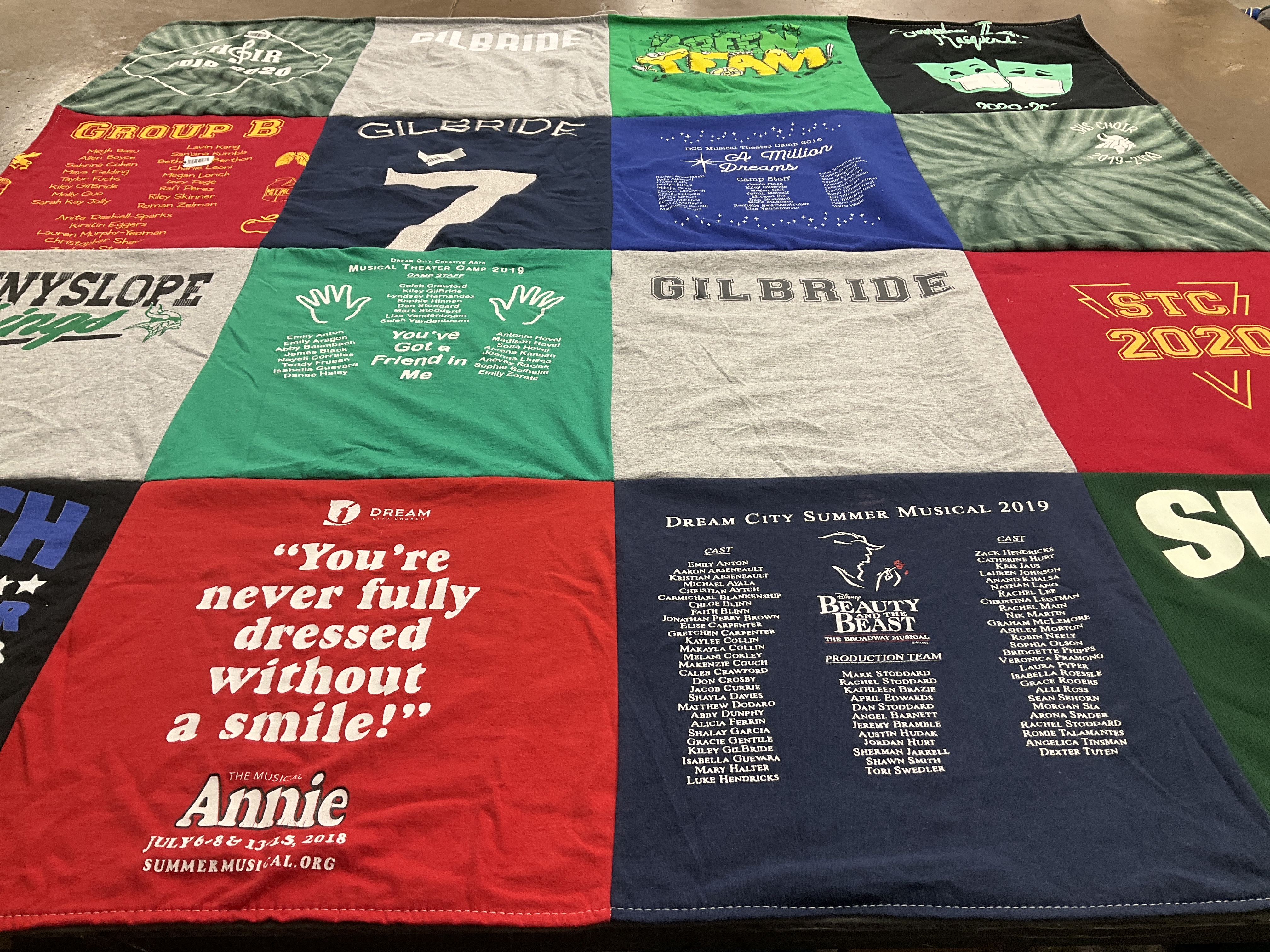T-shirt quilt with musical theater, performance themes by Eileen from AZ