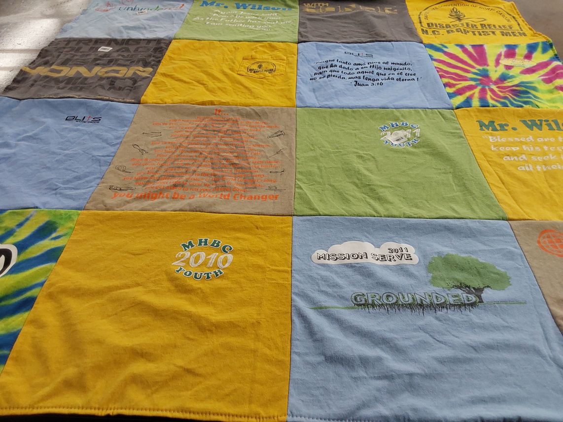 T-shirt quilt with community service, youth ministry themes by Faye from NC