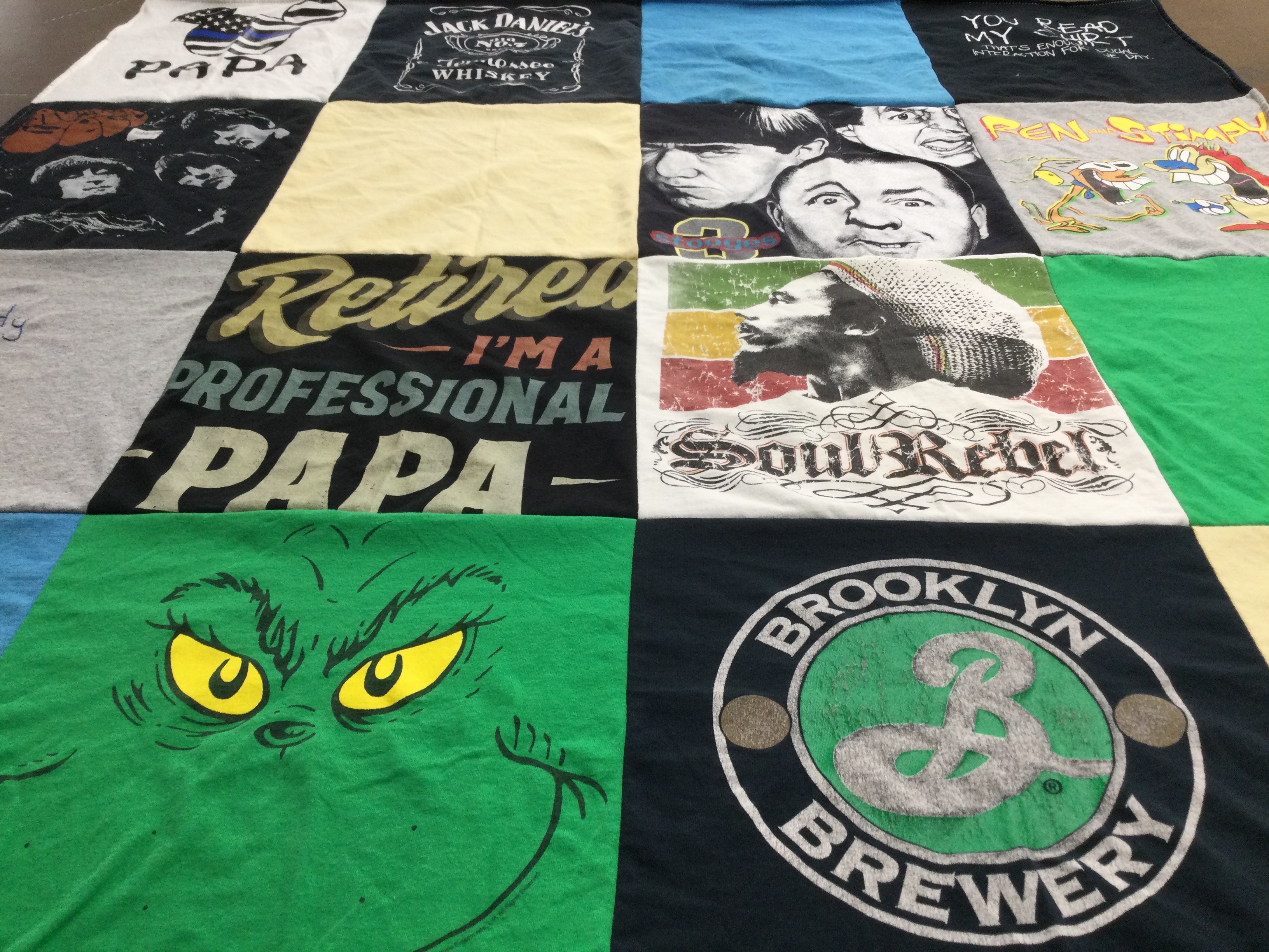 T-shirt quilt with whiskey, comedy themes by Kathy from NY