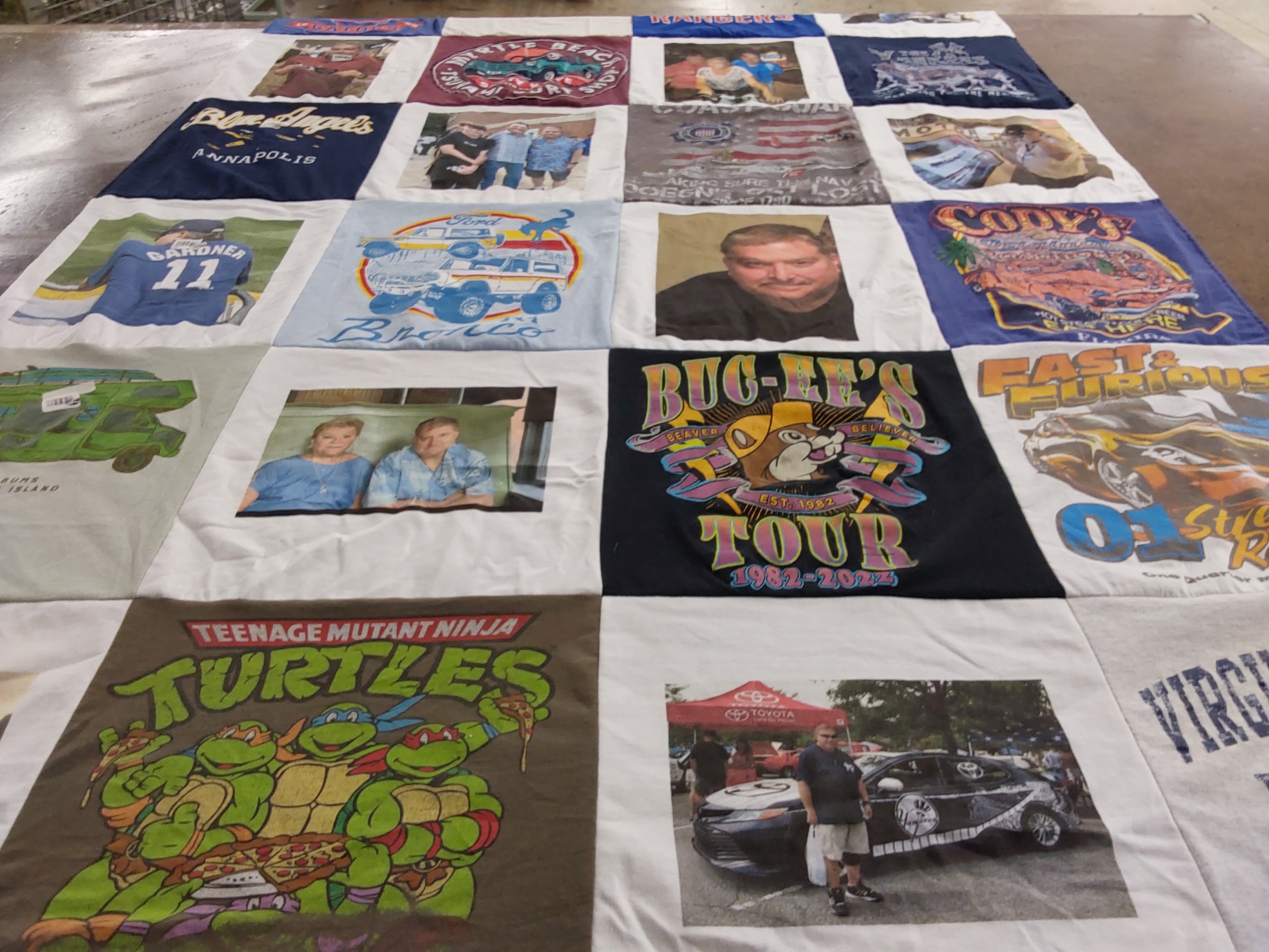 T-shirt quilt with cars, sports themes by Elaine from PA