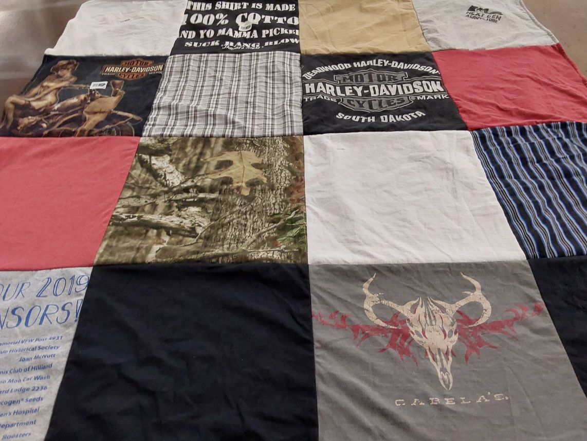 T-shirt quilt with motorcycles, hunting themes by bonnie from OH