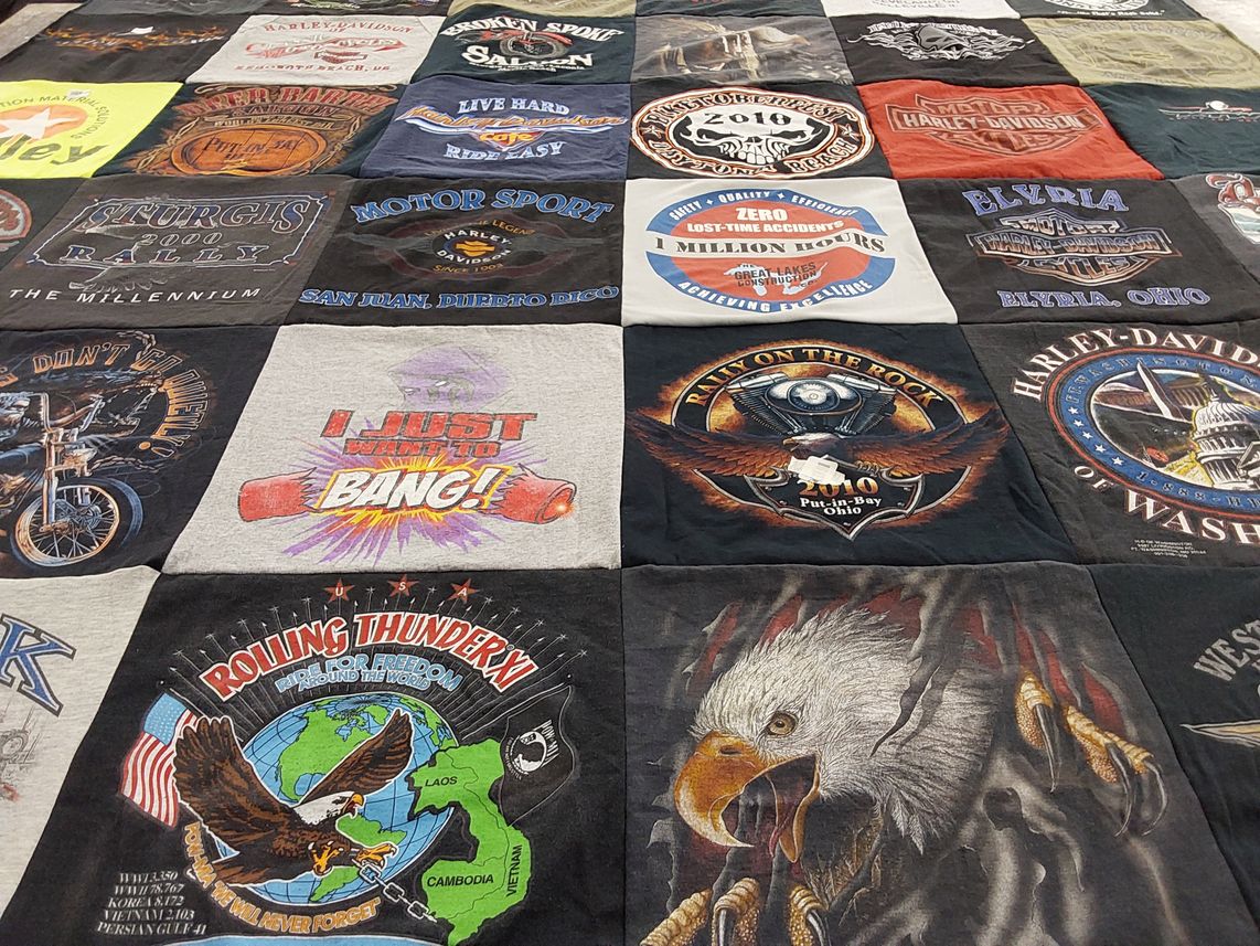 T-shirt quilt with motorcycles, biking themes by Jacqueline from OH