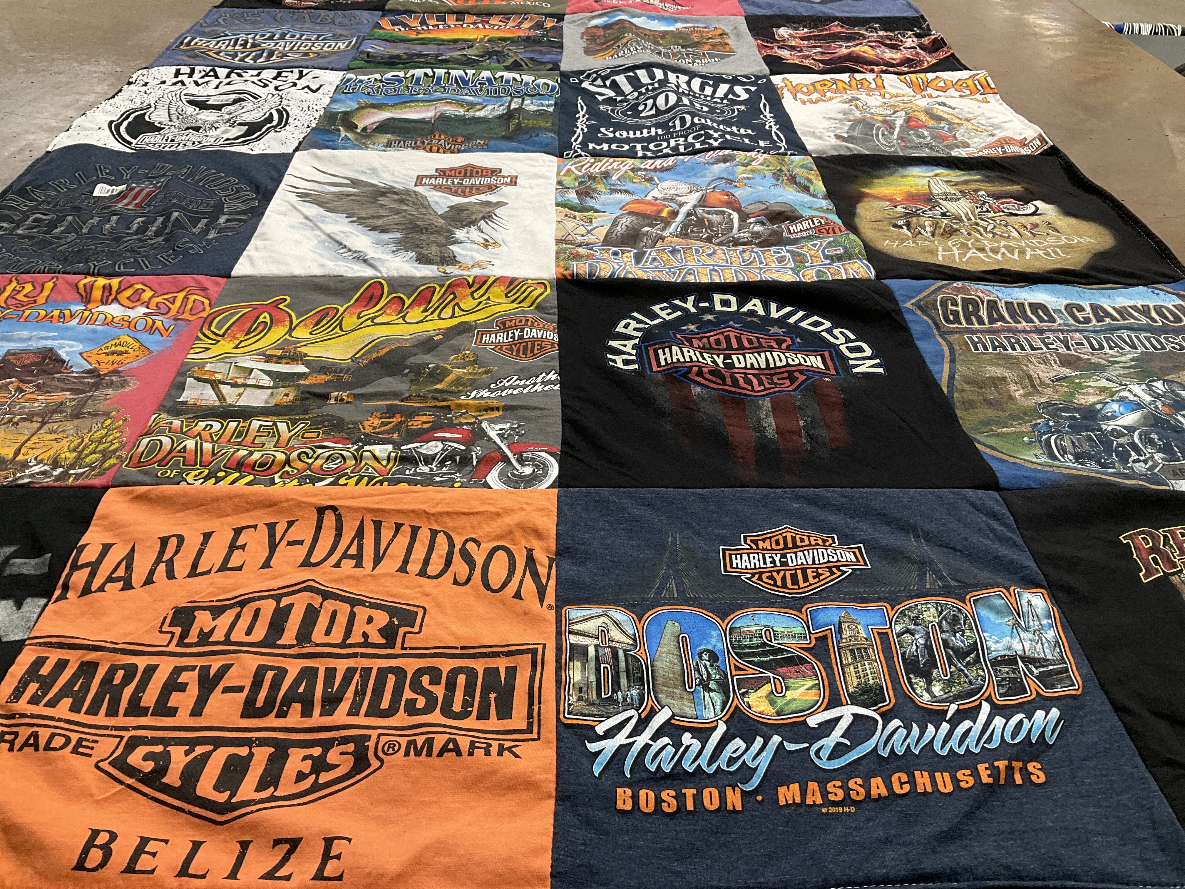 T-shirt quilt with motorcycles, biking themes by Alexandra from WA