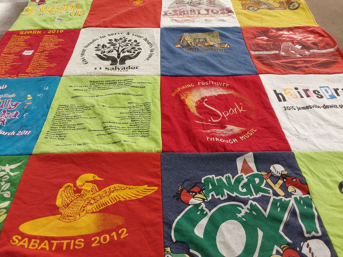 T-shirt quilt with music themes by Nancy from NY