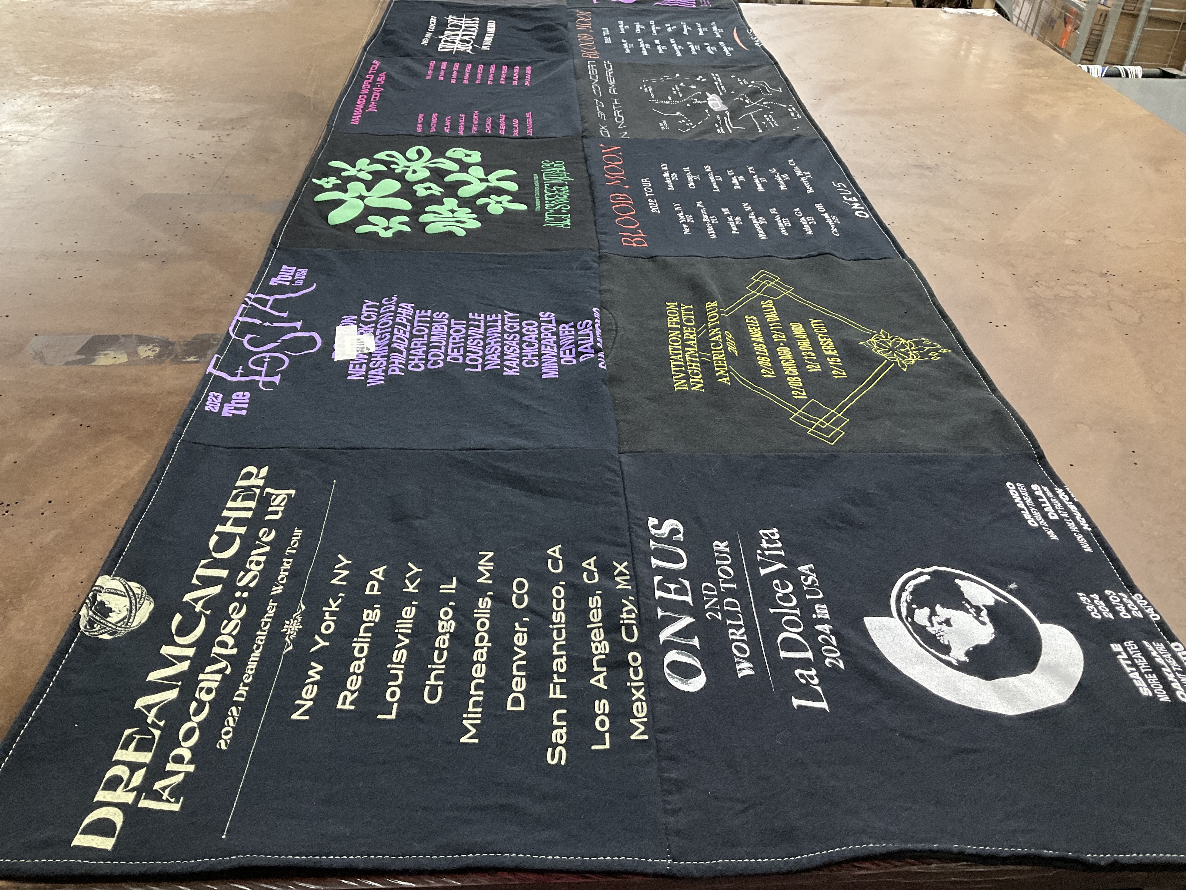 T-shirt quilt with music, tours themes by Marian from NJ