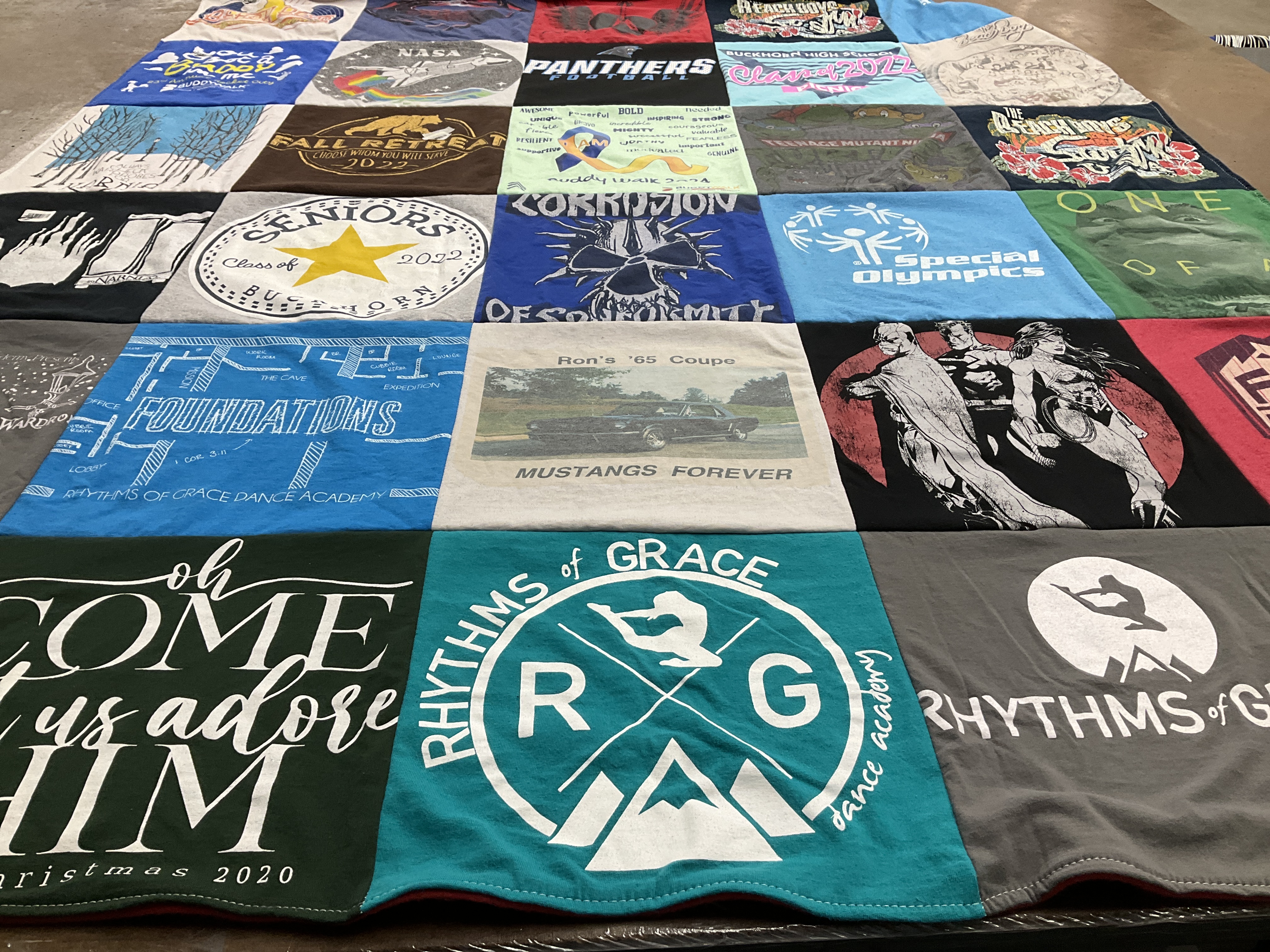 T-shirt quilt with dance, sports themes by rebecca from AL
