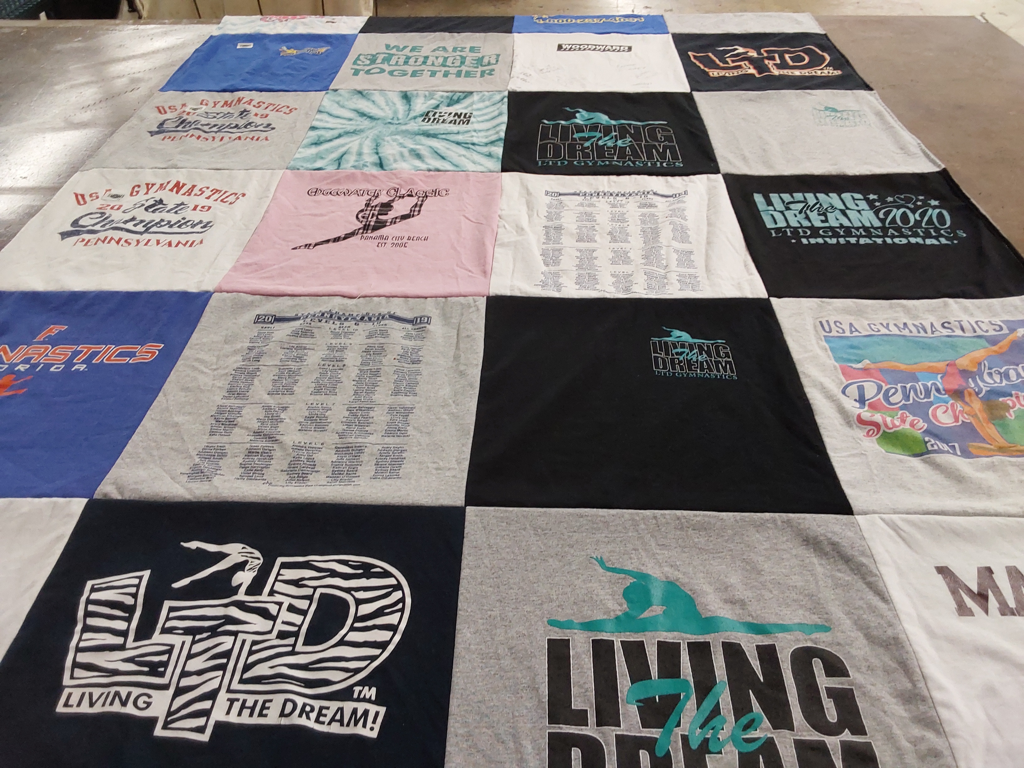 T-shirt quilt with gymnastics, sports themes by jeanninestouffer43@gmail.com from PA