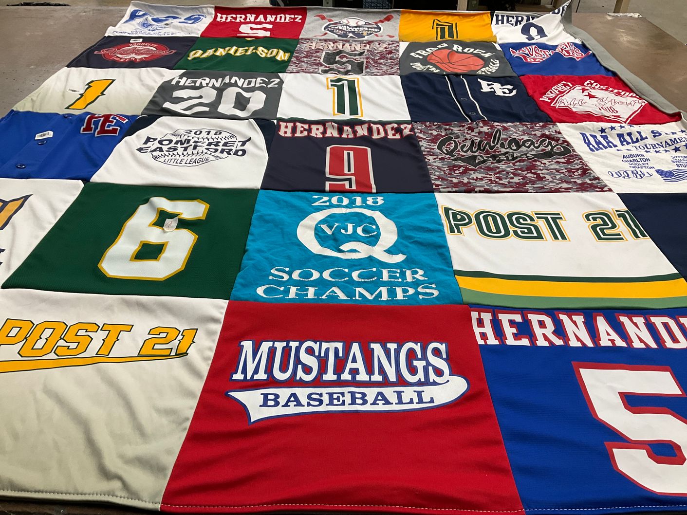 T-shirt quilt with sports, baseball themes by Candice from CT