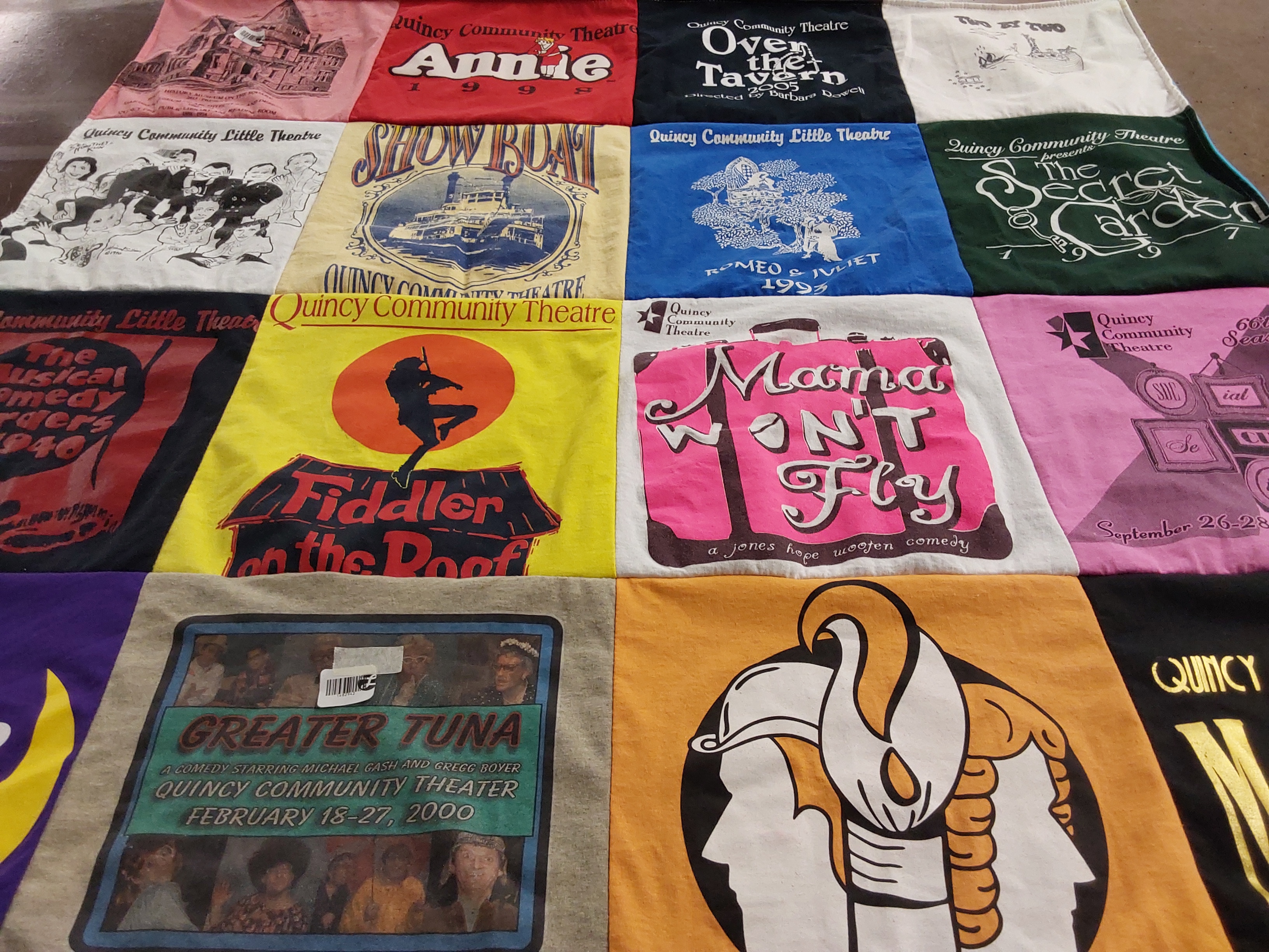 T-shirt quilt with theater, musicals themes by Jayne from IL