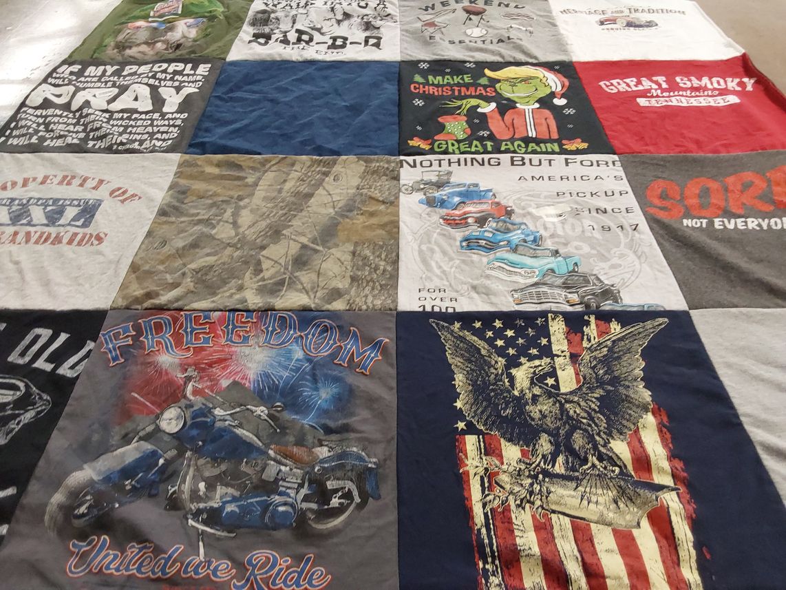 T-shirt quilt with motorcycles, freedom themes by Jennifer from MO