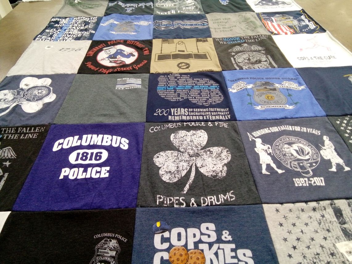 T-shirt quilt with law enforcement, community service themes by Kelly from OH