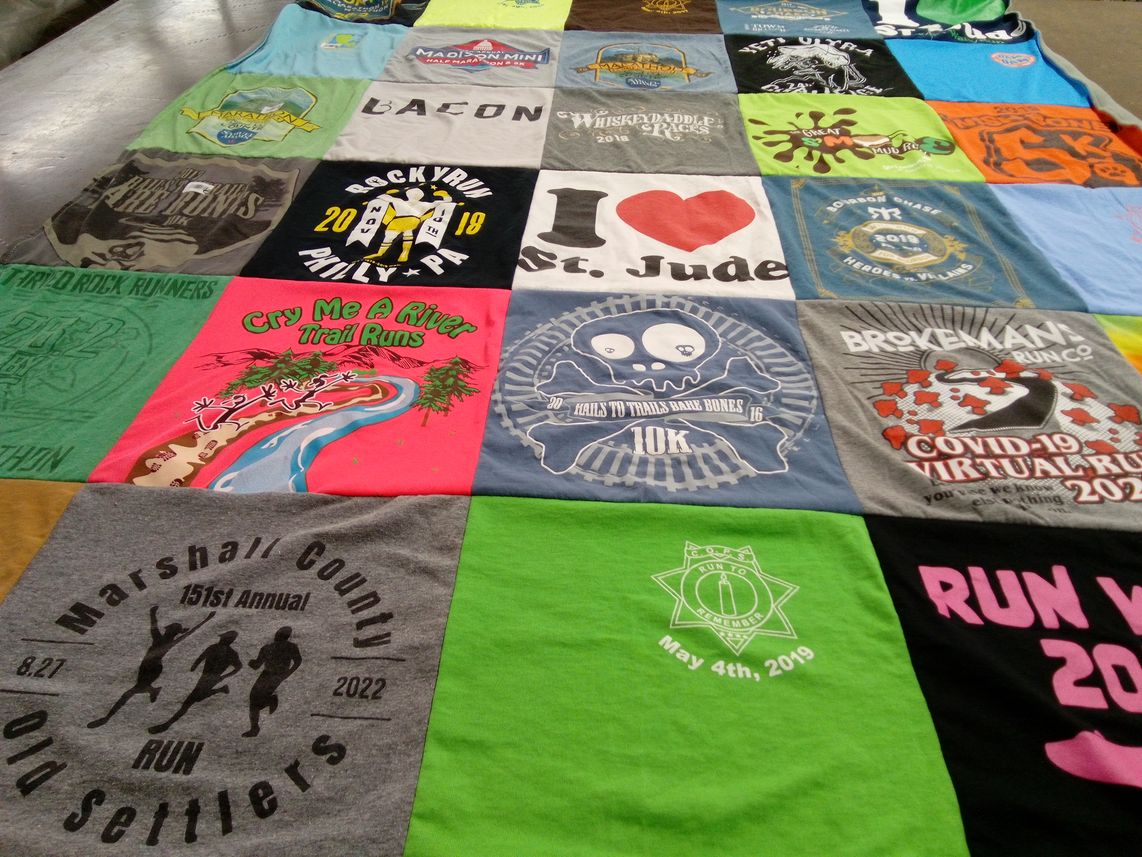 T-shirt quilt with running, trail running themes by Mallory from IL