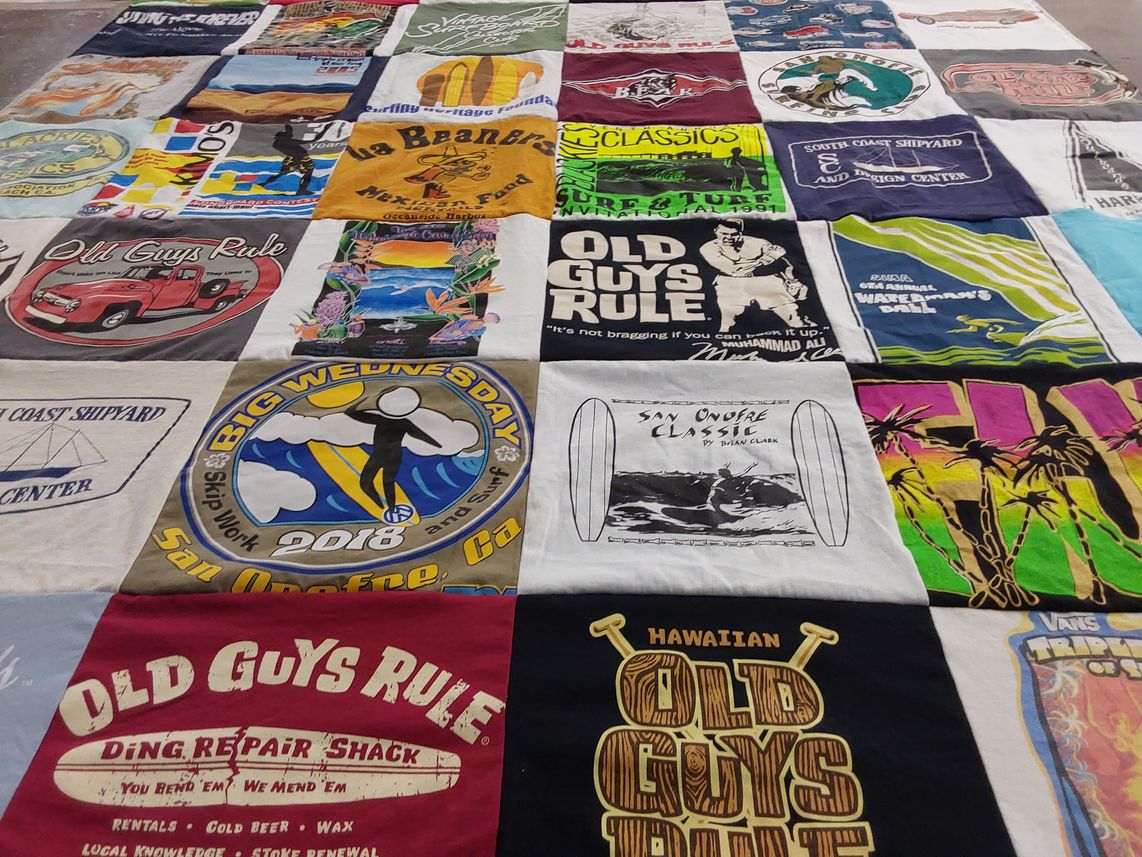 T-shirt quilt with surfing, beach activities themes by Tyler from CA