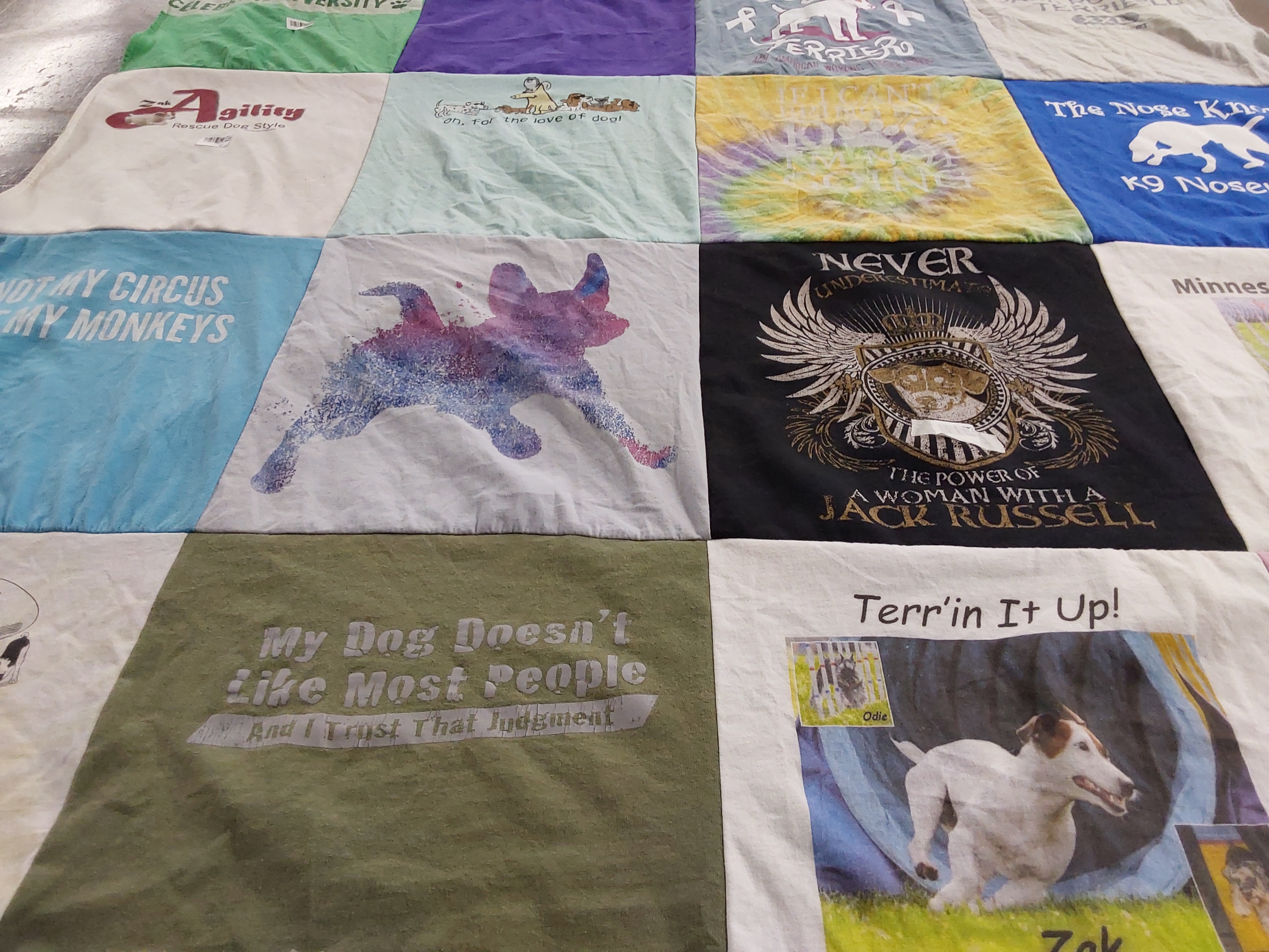 T-shirt quilt with dogs, dog training themes by Laura from MN