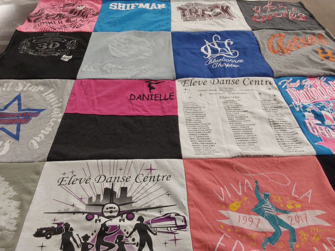 T-shirt quilt with dance, performing arts themes by Karolyn from MA