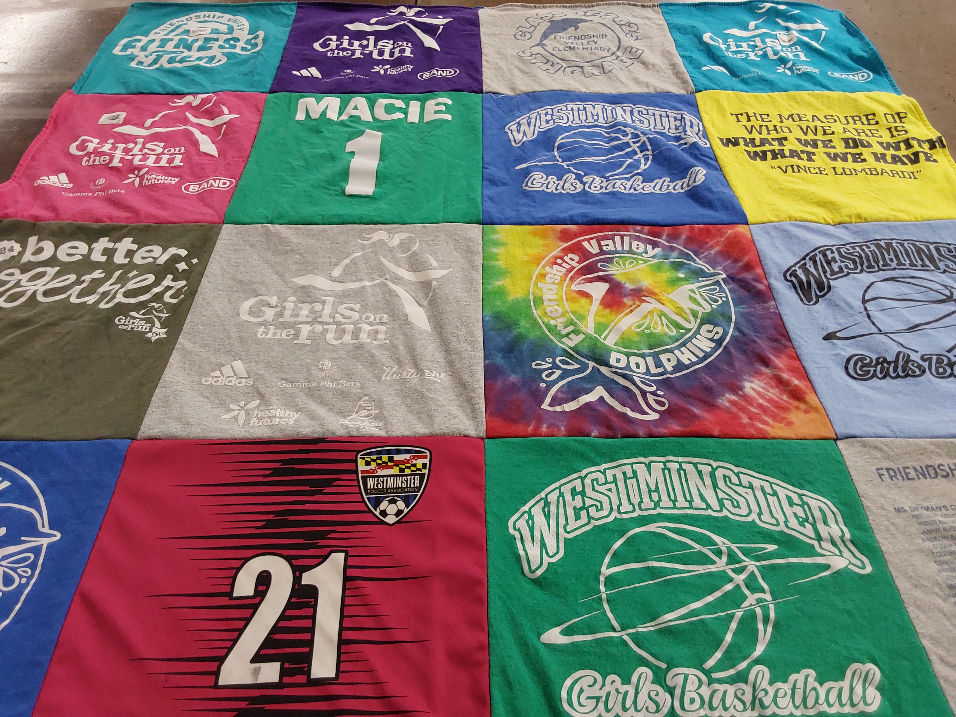 T-shirt quilt featuring westminster girls basketball, friendship valley dolphins by Kerry from MD