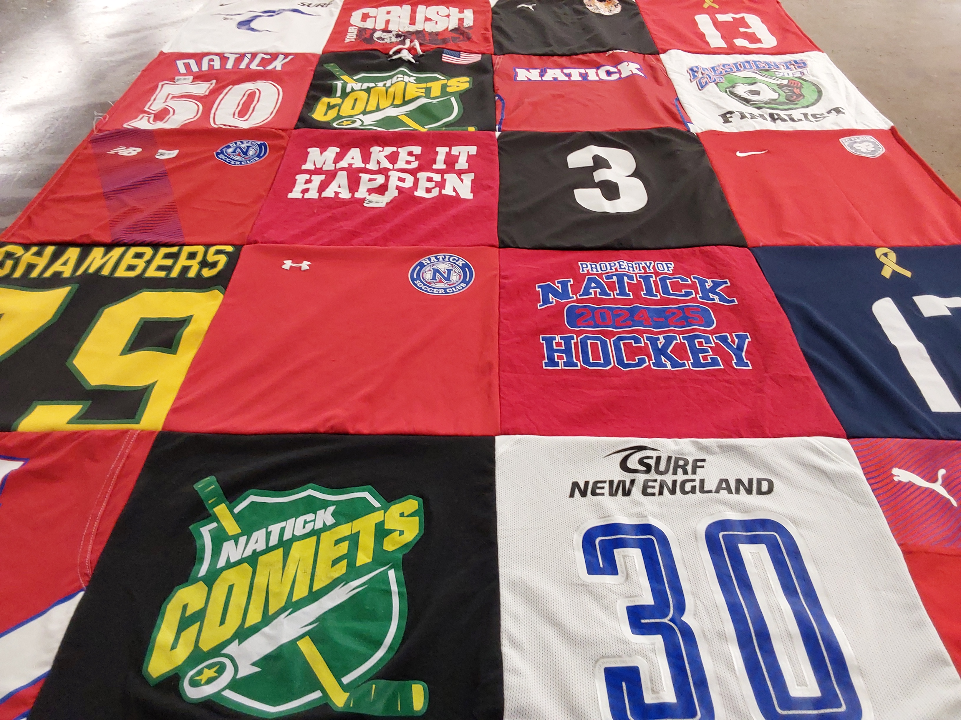 T-shirt quilt with hockey, sports themes by Stephanie from MA