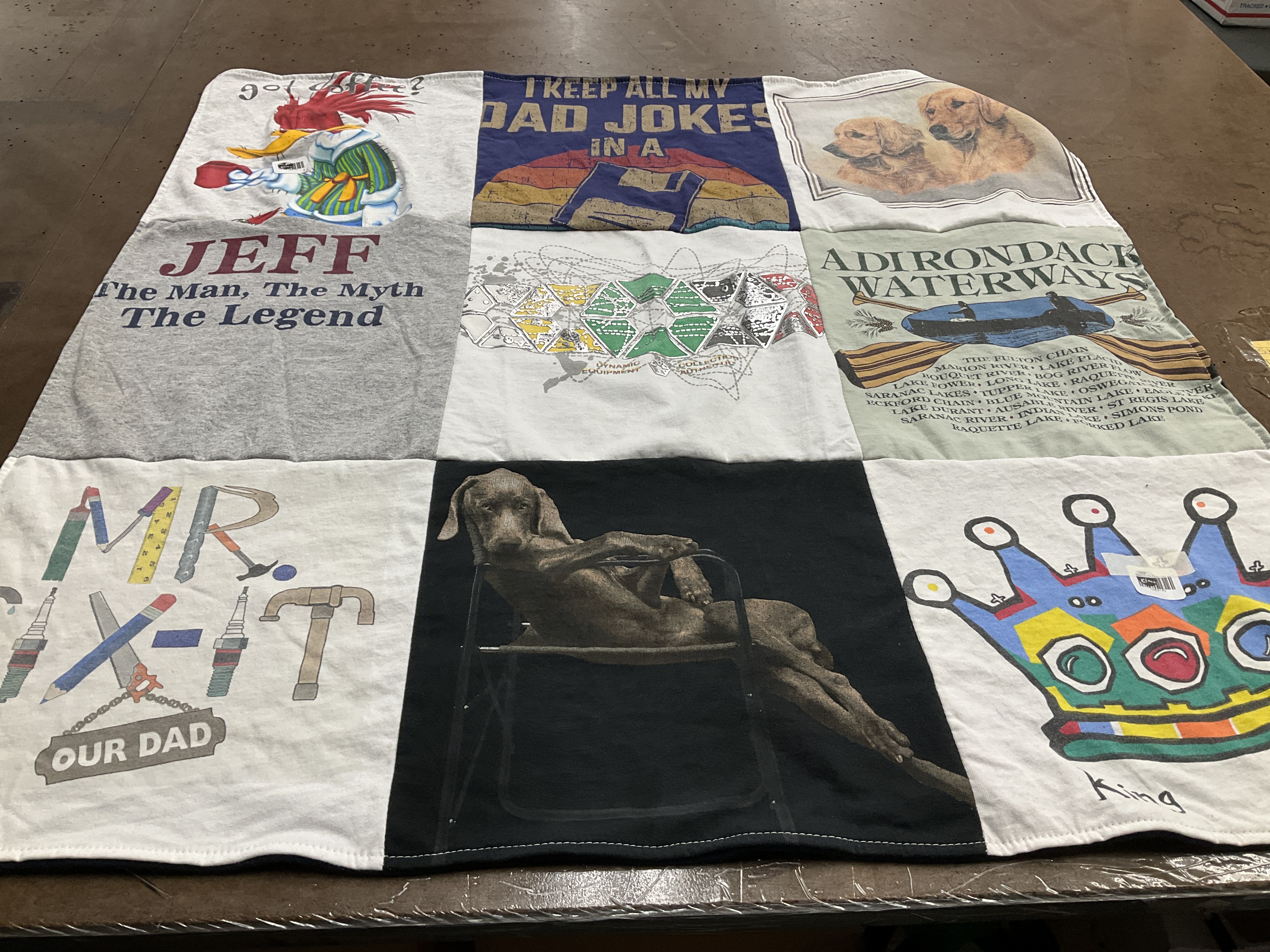 T-shirt quilt with pets, outdoors themes by Sandra from NY