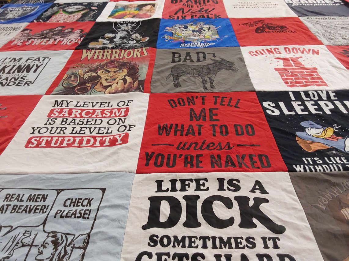 T-shirt quilt with humor, sarcasm themes by Todd from CA