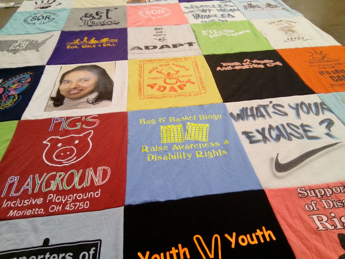 T-shirt quilt with advocacy, disability rights themes by Amy from OH