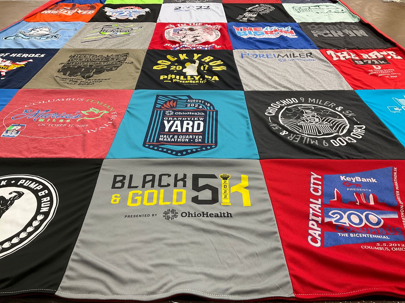 T-shirt quilt with running, marathons themes by Cyndi from OH