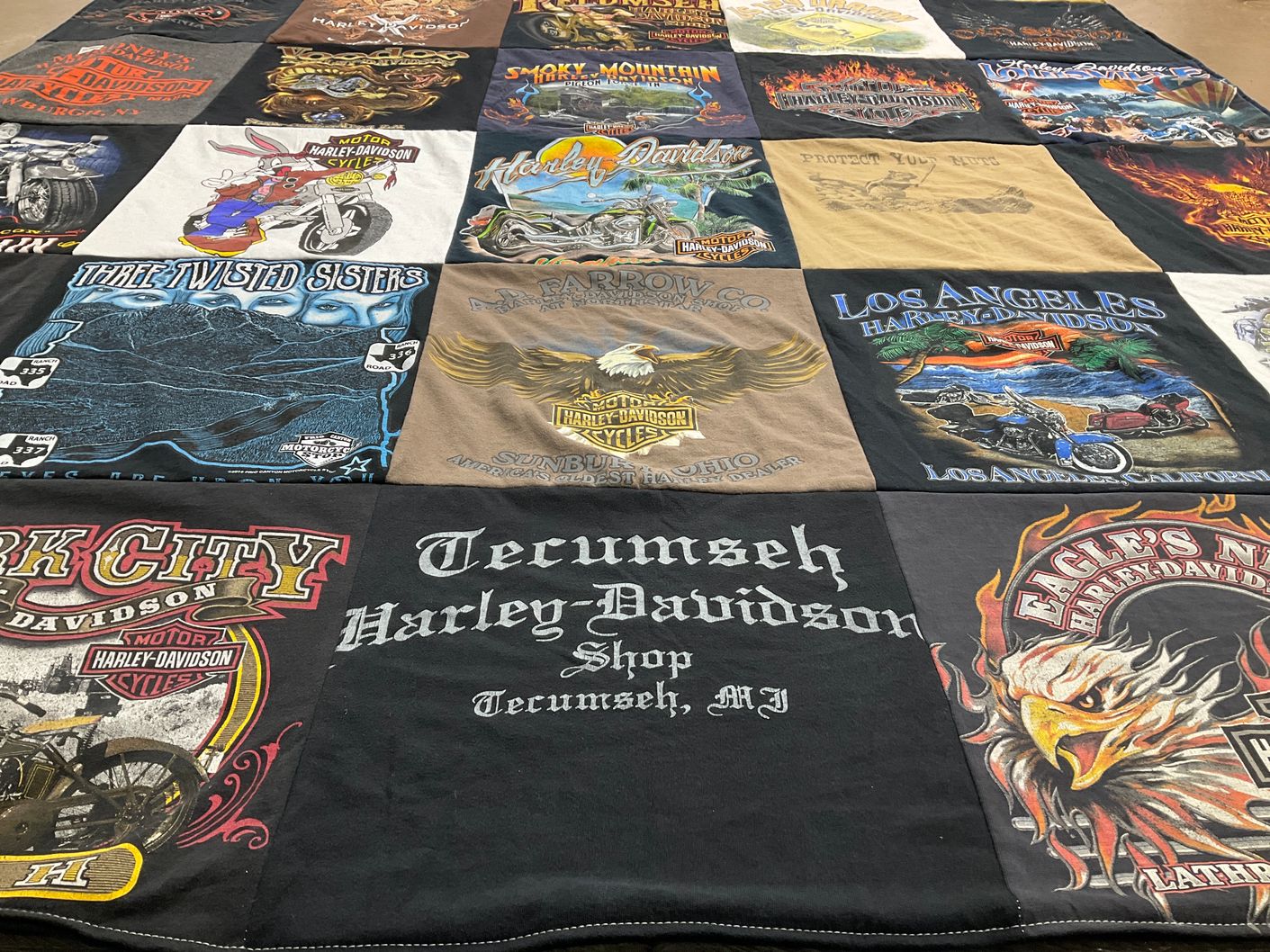 T-shirt quilt with motorcycles, biking themes by Jody from TX