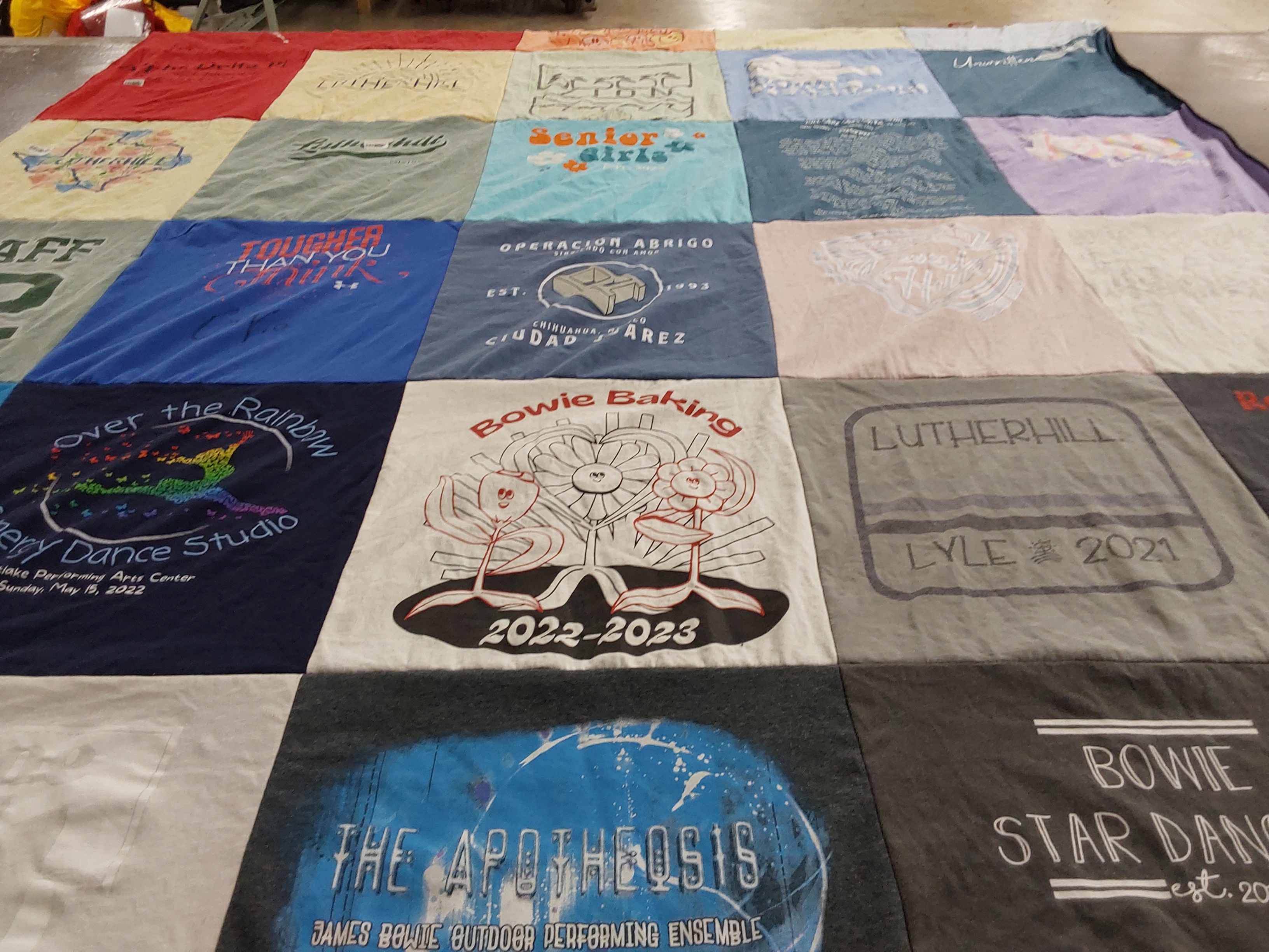 T-shirt quilt with dance, performing arts themes by Laura from TX