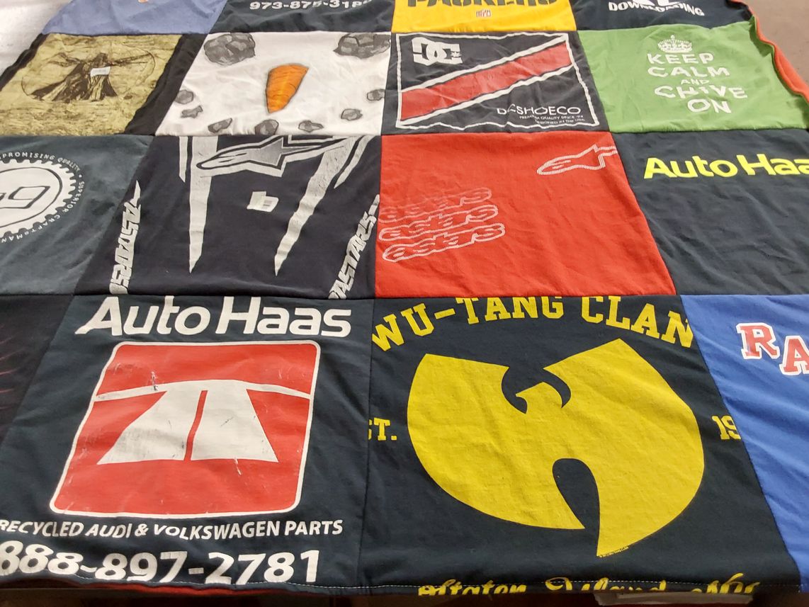 T-shirt quilt with music, automobiles themes by Michael from NJ
