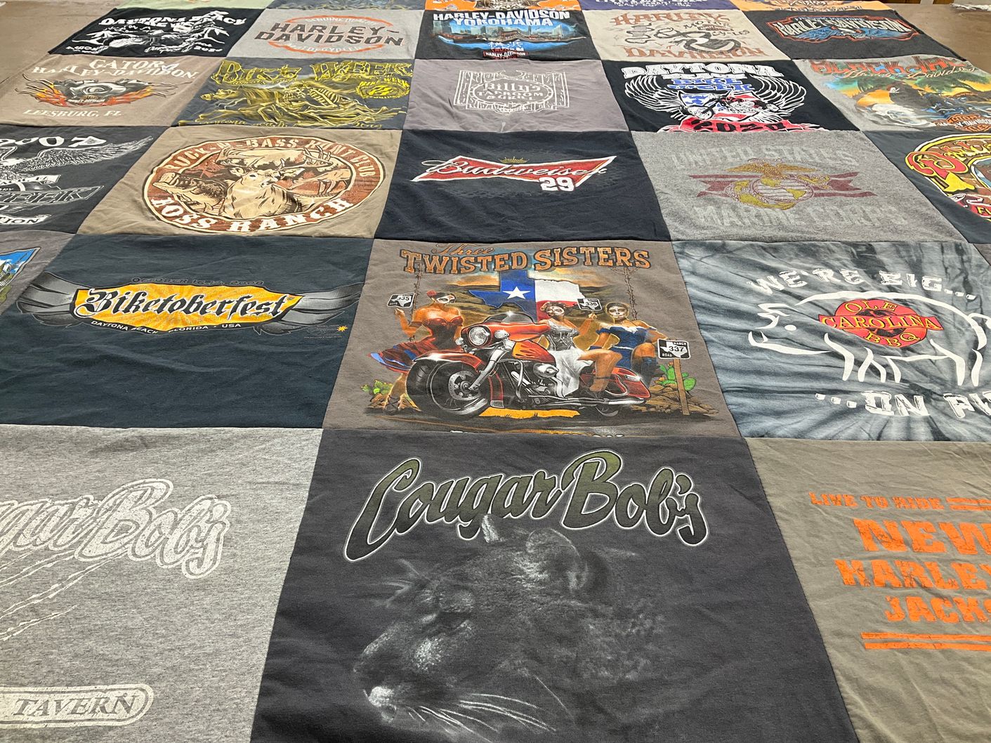 T-shirt quilt with motorcycles, biking themes by Christine from FL