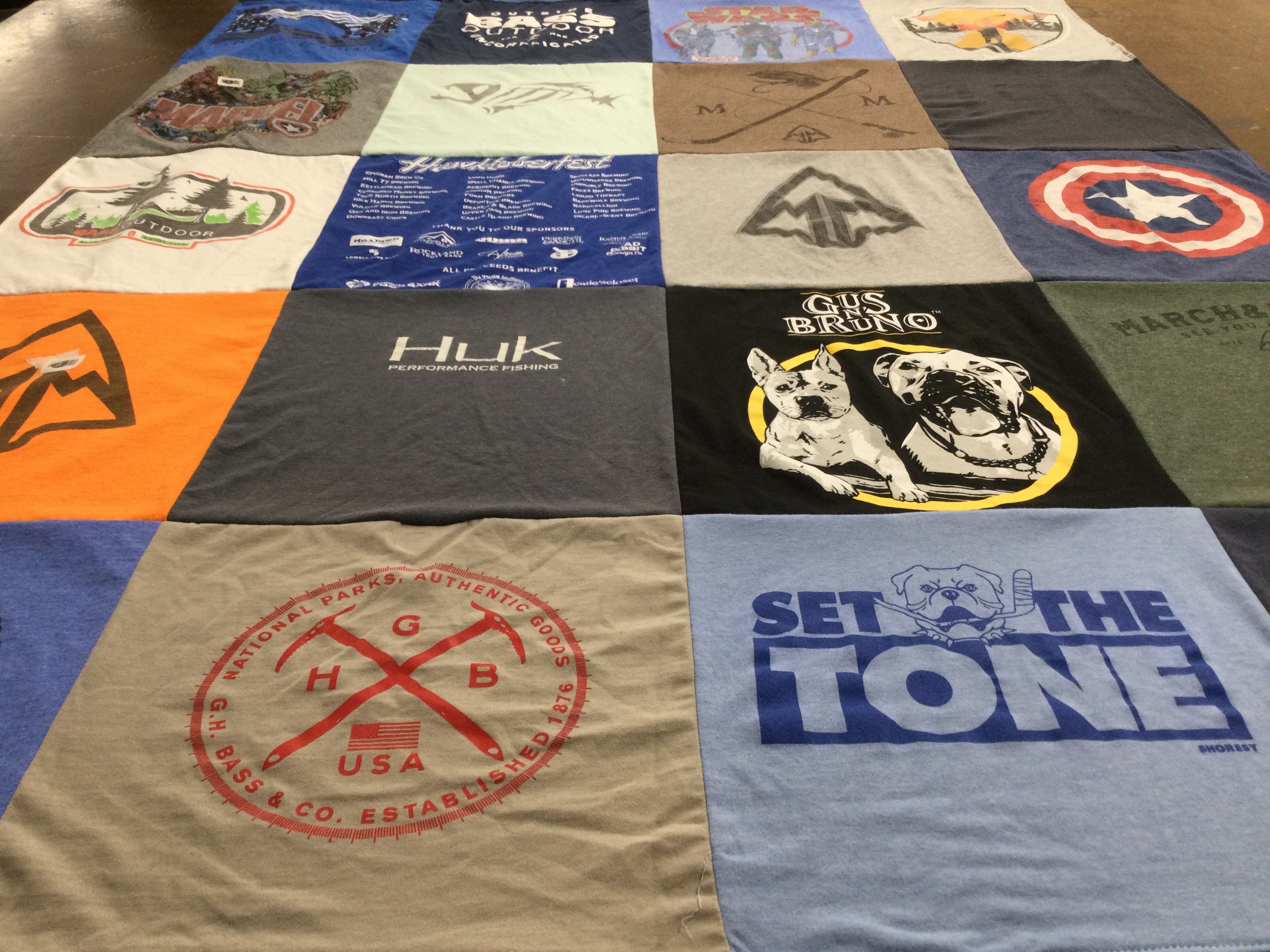 T-shirt quilt with fishing, outdoor activities themes by Jean from MA