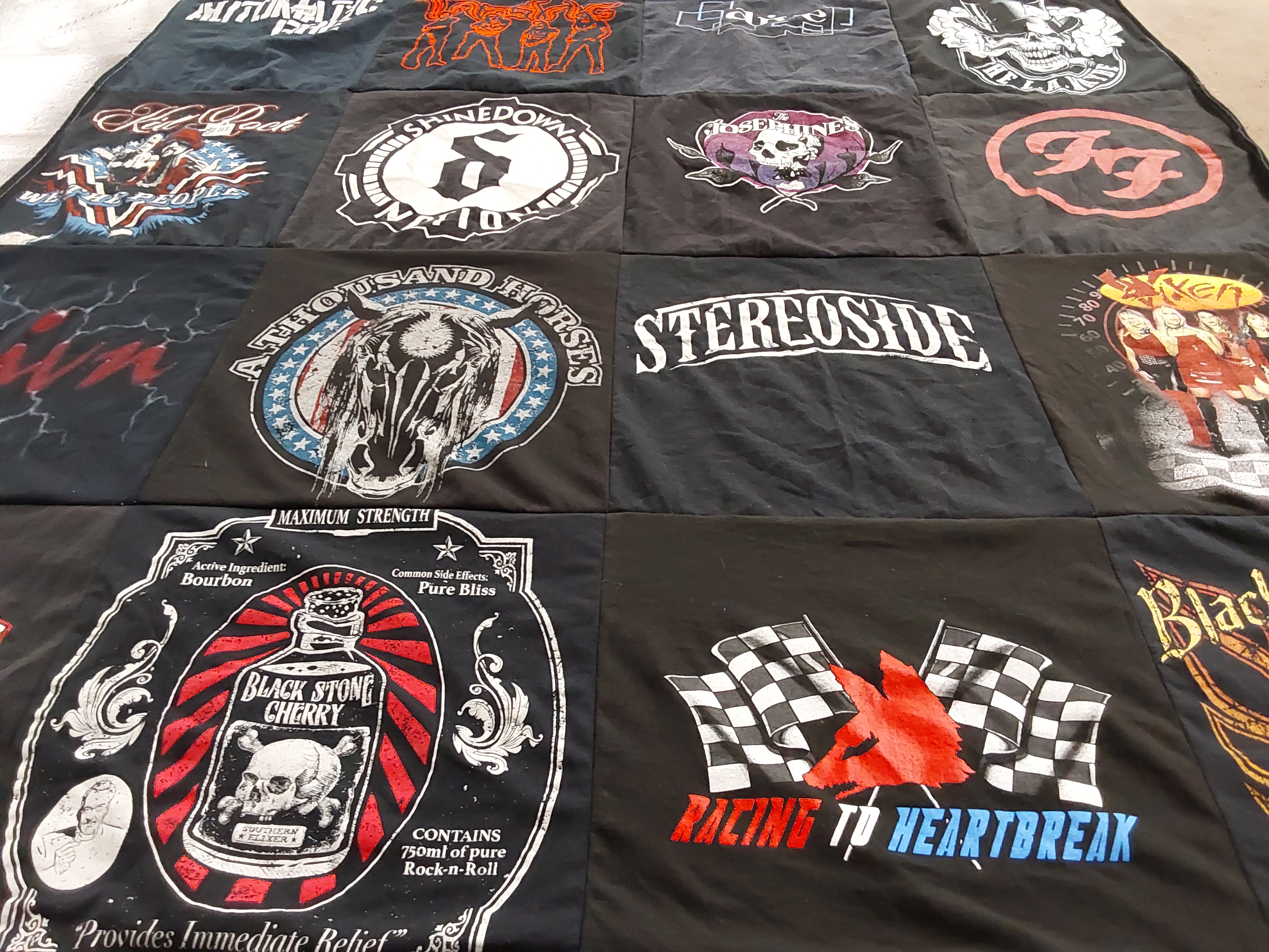 T-shirt quilt with rock music, motorcycles themes by Lisa from VA