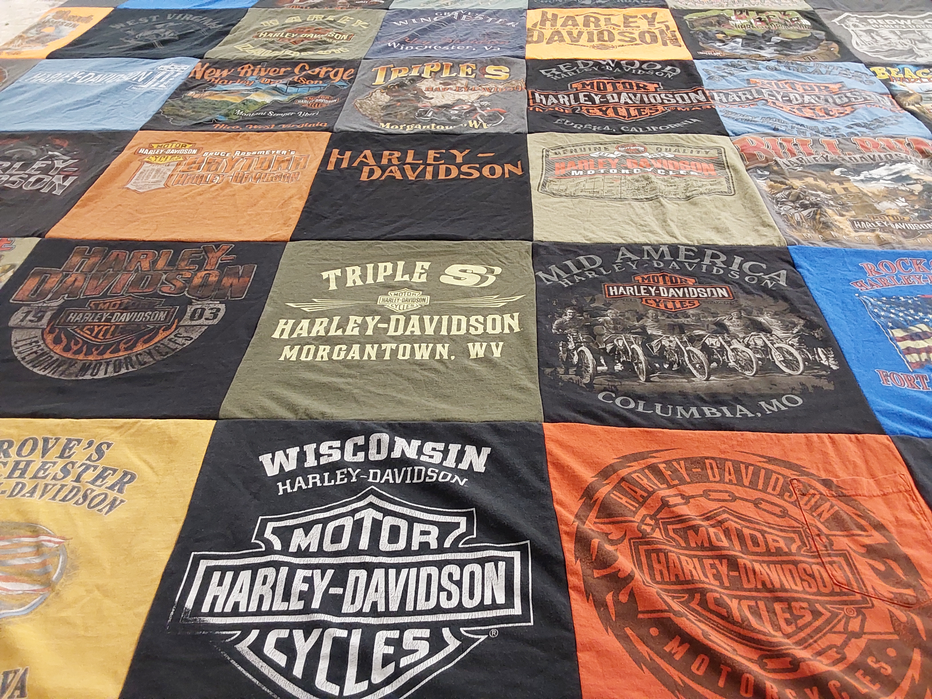 T-shirt quilt with motorcycles, biking themes by Amy from WV